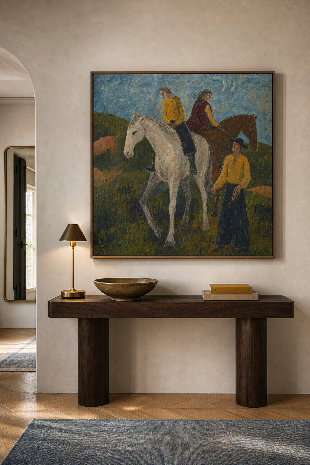 Contemporary Folk Art Painting Of Horses And Riders In Rustic Western Style