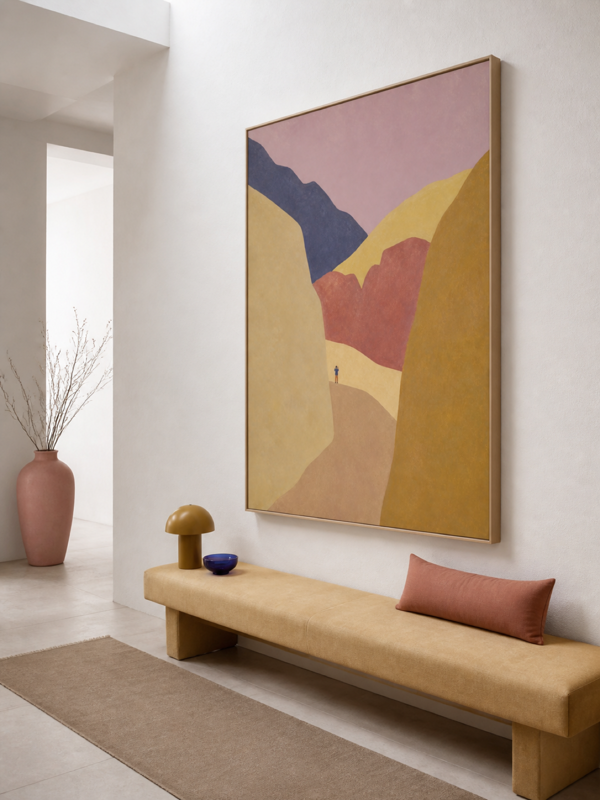 Oversized Abstract Valley With Warm Ochre Peaks Minimalist Framed Painting