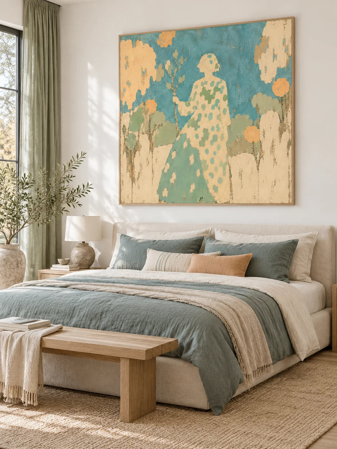Woman In Garden Turquoise Canvas Painting Hand-Painted Wall Art