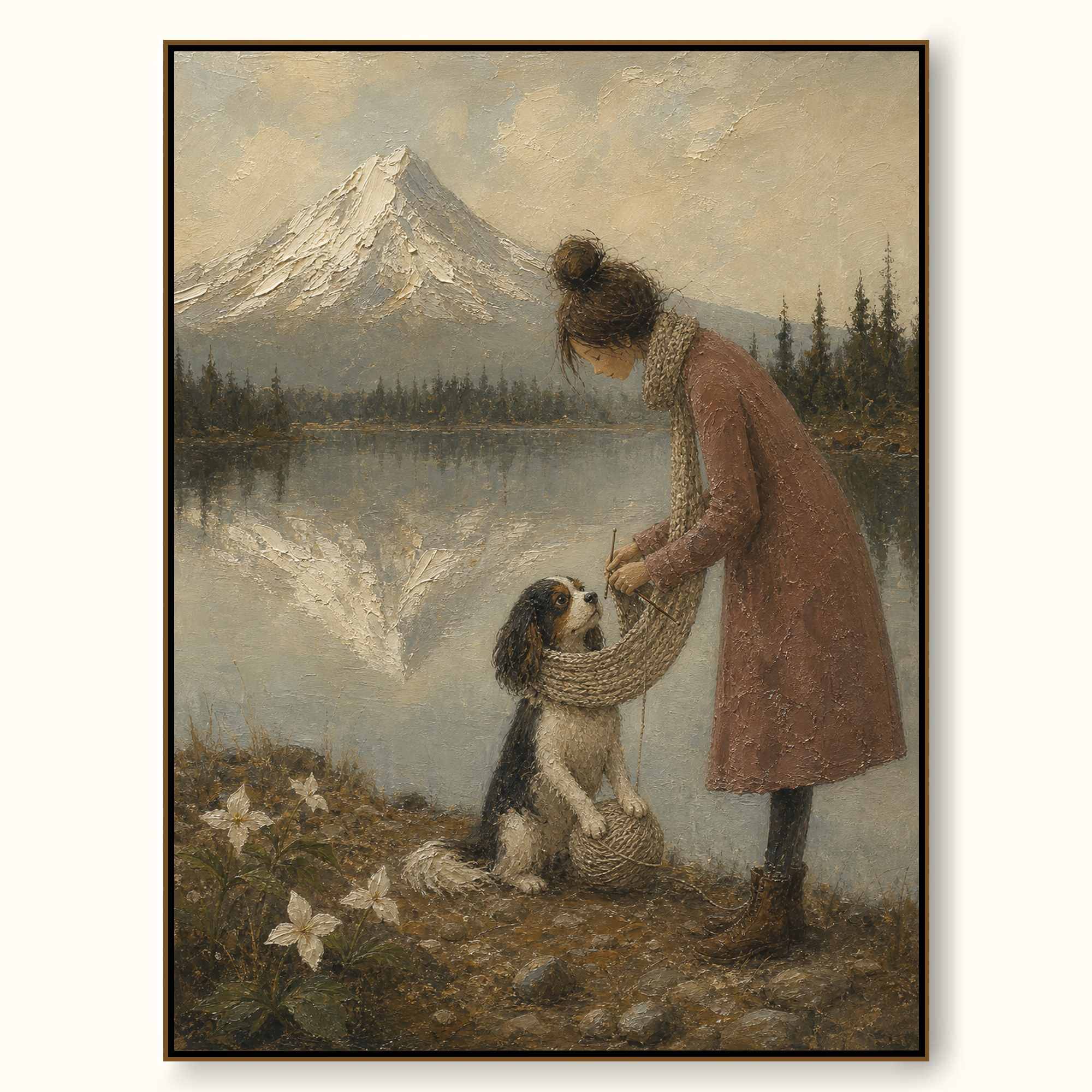 Vintage Pet Travel Wall Art Woman And Dog Abstract Landscape Oil Painting