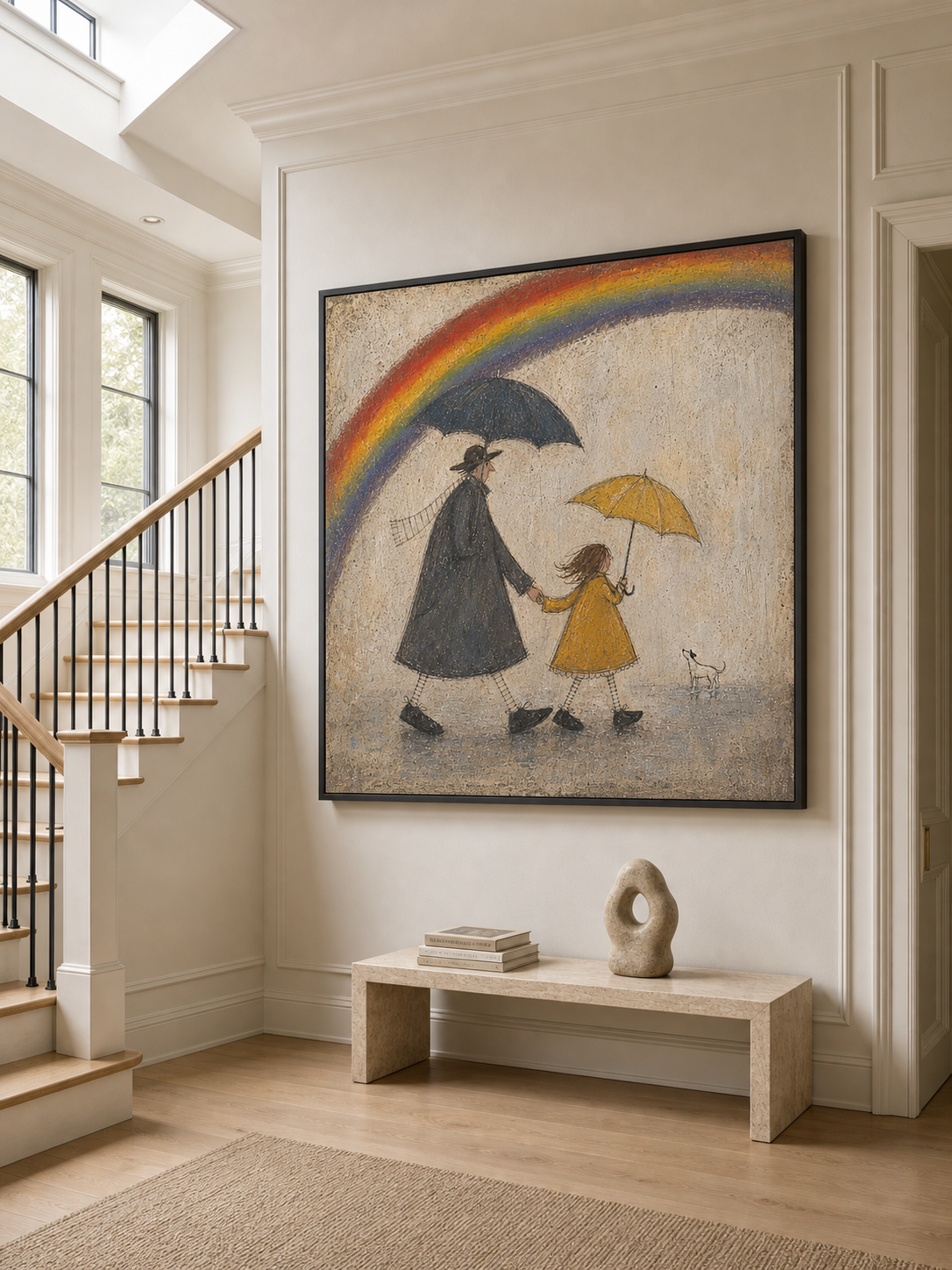 Original Handmade Painting Father And Daughter In Rain Minimalist Wall Art