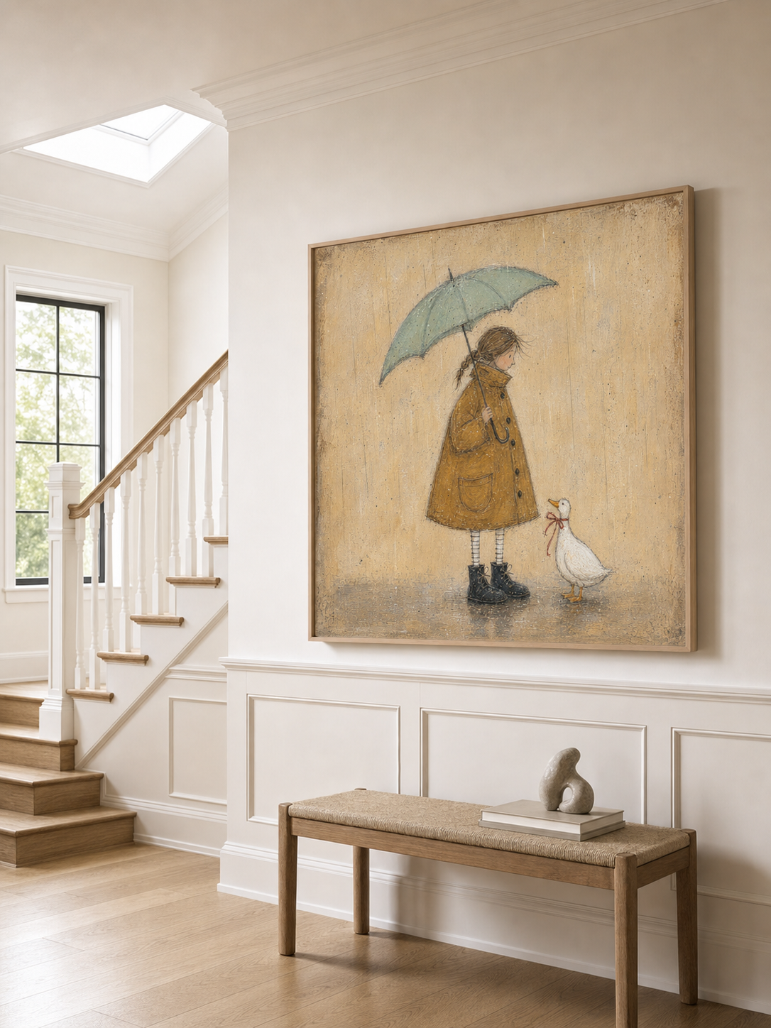 Original Handmade Painting Girl And Cute Duck In Rain Minimalist Wall Art
