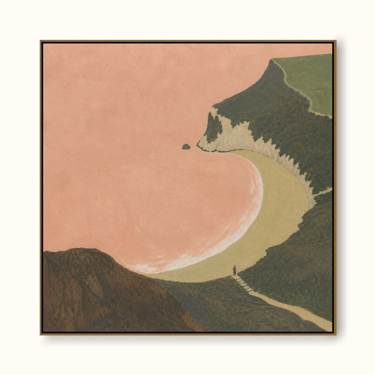 Solitary Figure On Cliffside Path Overlooking Pink Bay Canvas Painting