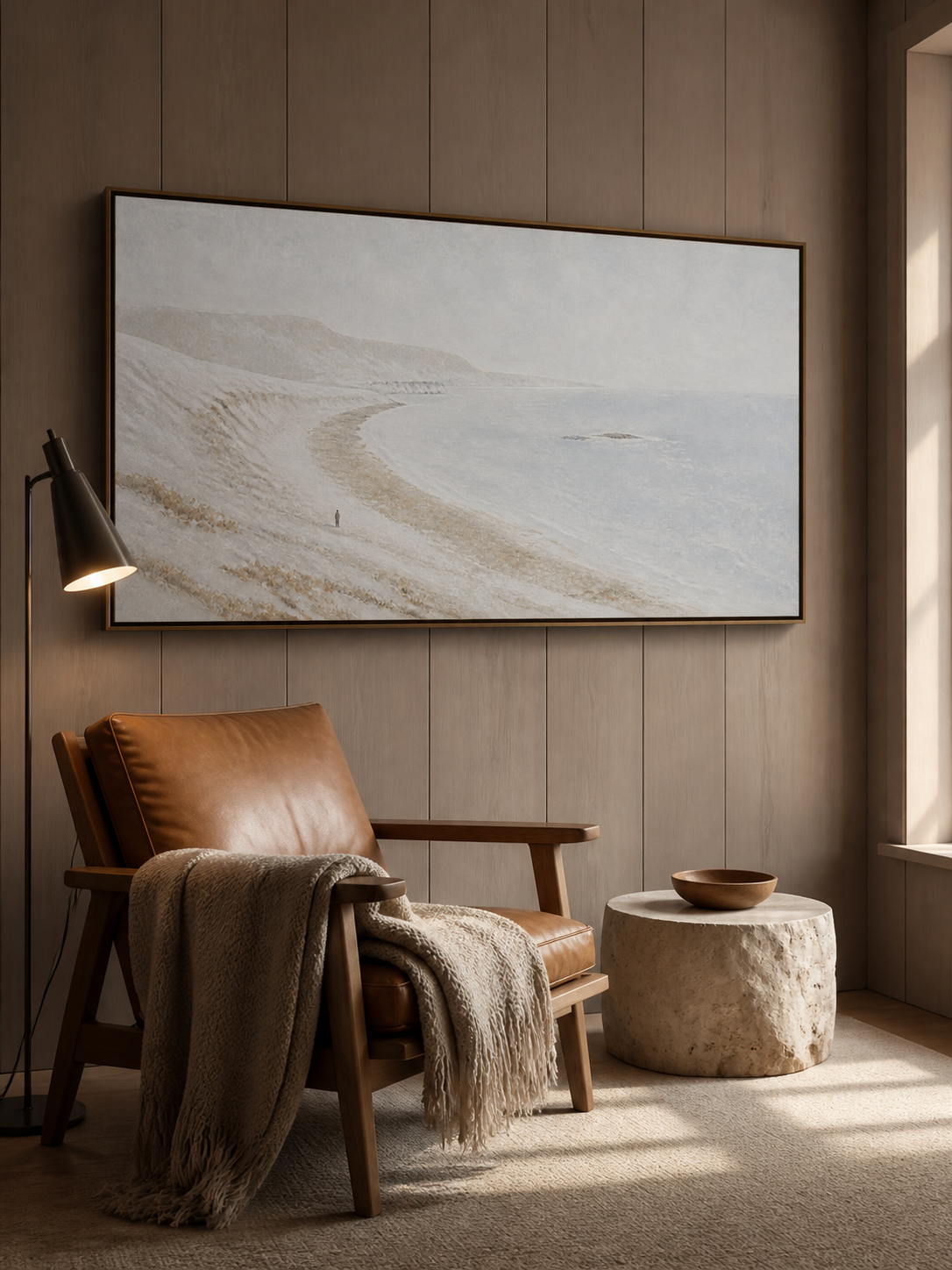 Abstract Coastal Seascape Hand-Painted Canvas Art In Beige And Grey