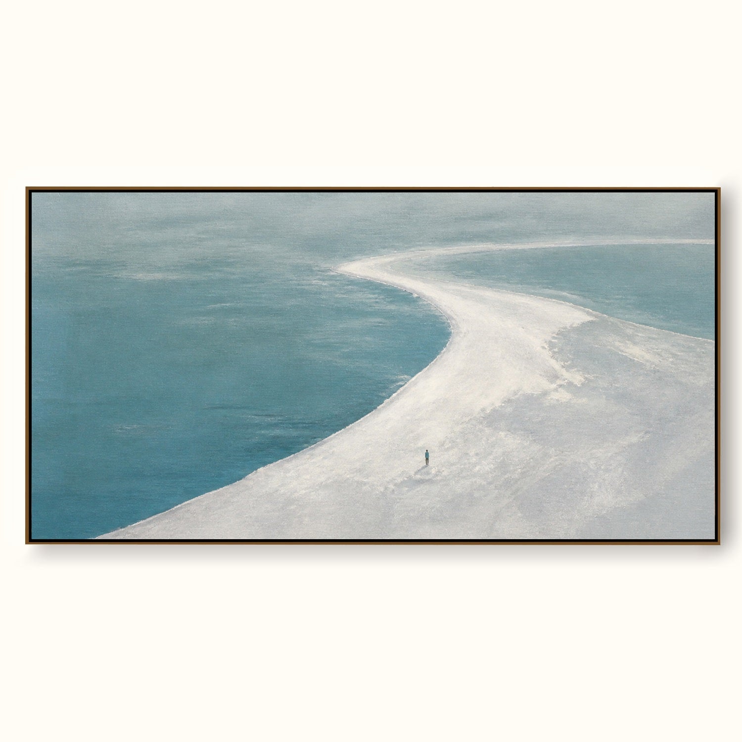 Tiny Figure On Sandbar Hand-Painted Canvas Wall Art With Blue Sea