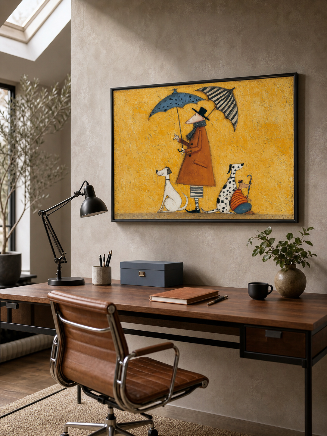 Whimsical Abstract Figure With Dogs Under Umbrellas Original Oil Painting On Linen Canvas For Eclectic Interior Decor