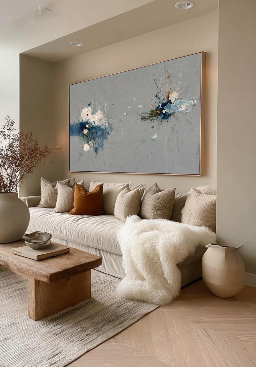 Large Horizontal Abstract Grey Blue Painting For Modern Living Room Decor