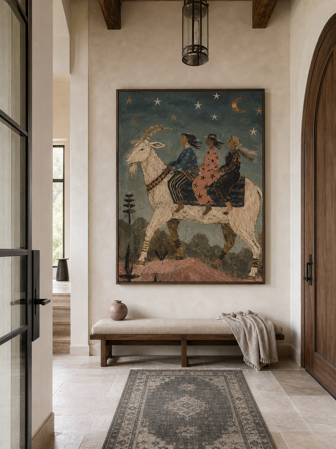 Hand Painted Bohemian Folk Art With Mythical Goat And Stars For Living Room Wall