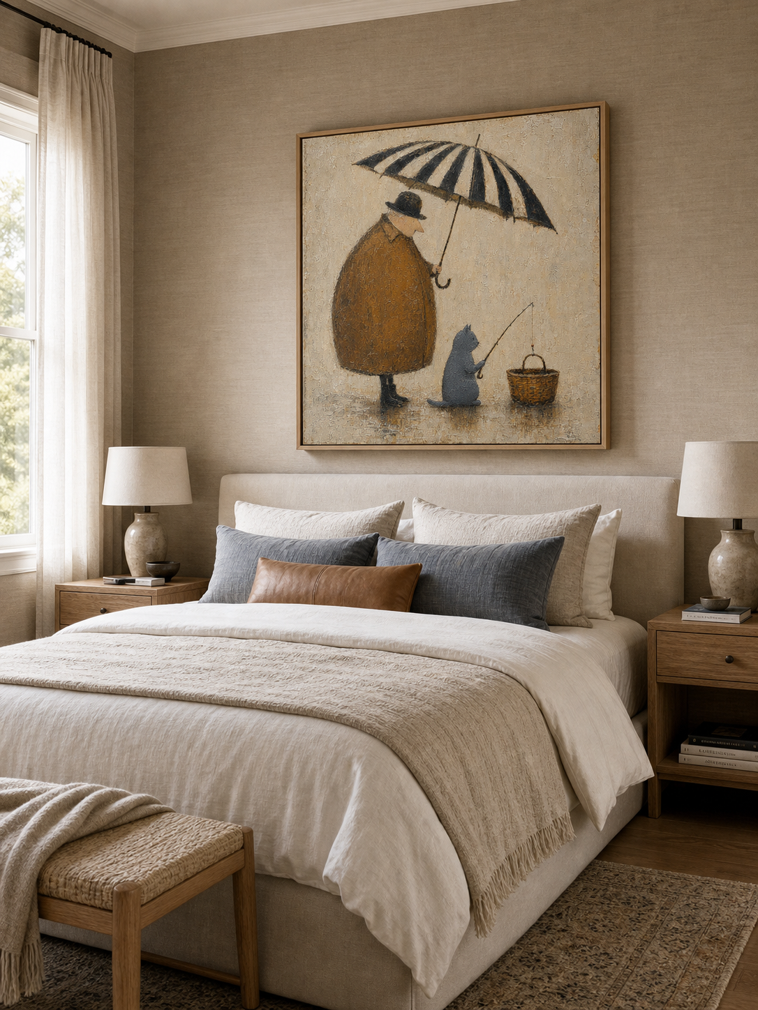 Whimsical Cat And Man Painting With Umbrella For Cozy Home Decor
