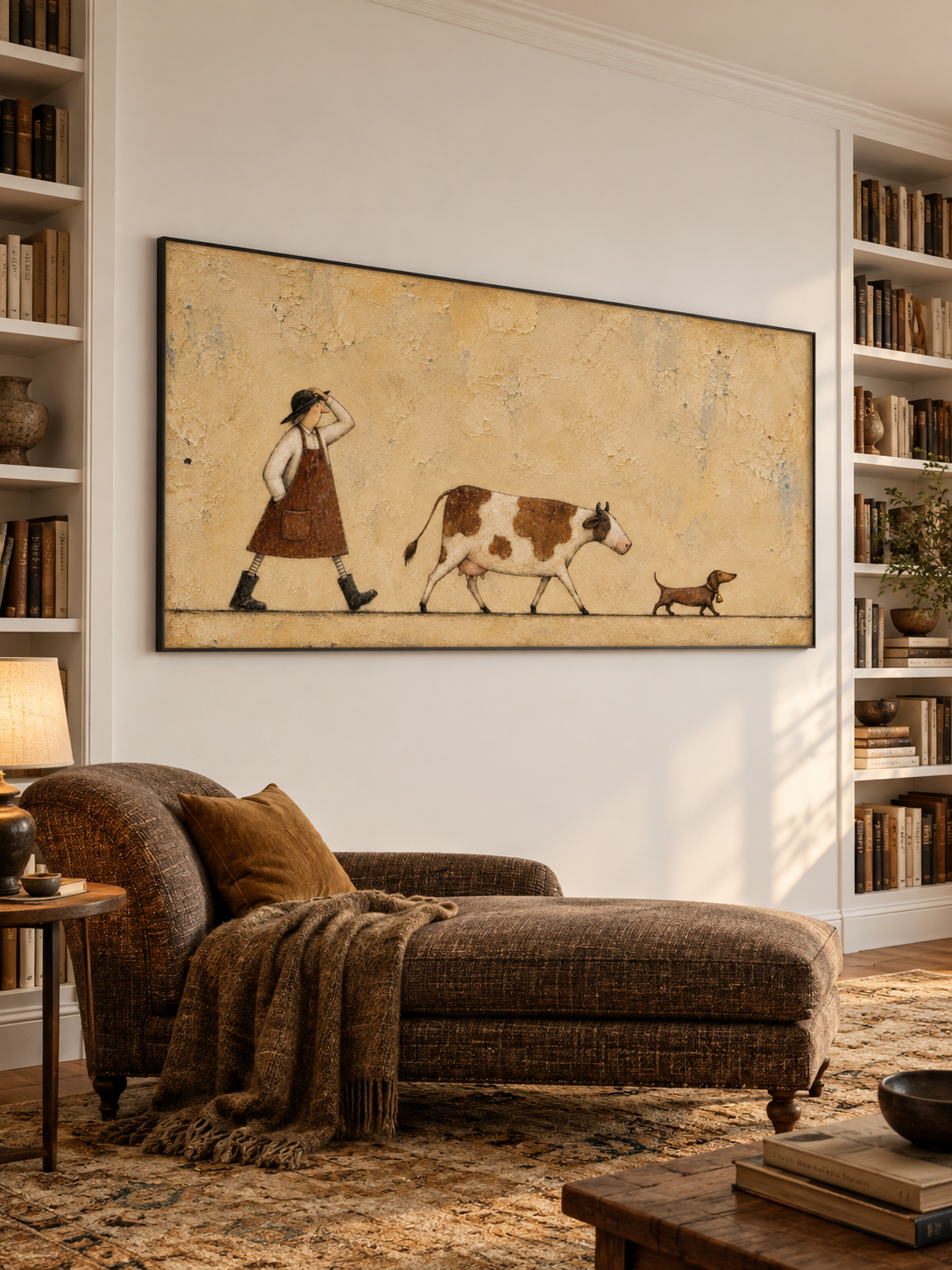 Minimalist Cow And Dachshund Painting Whimsical Rural Life Canvas Wall Art Artwork
