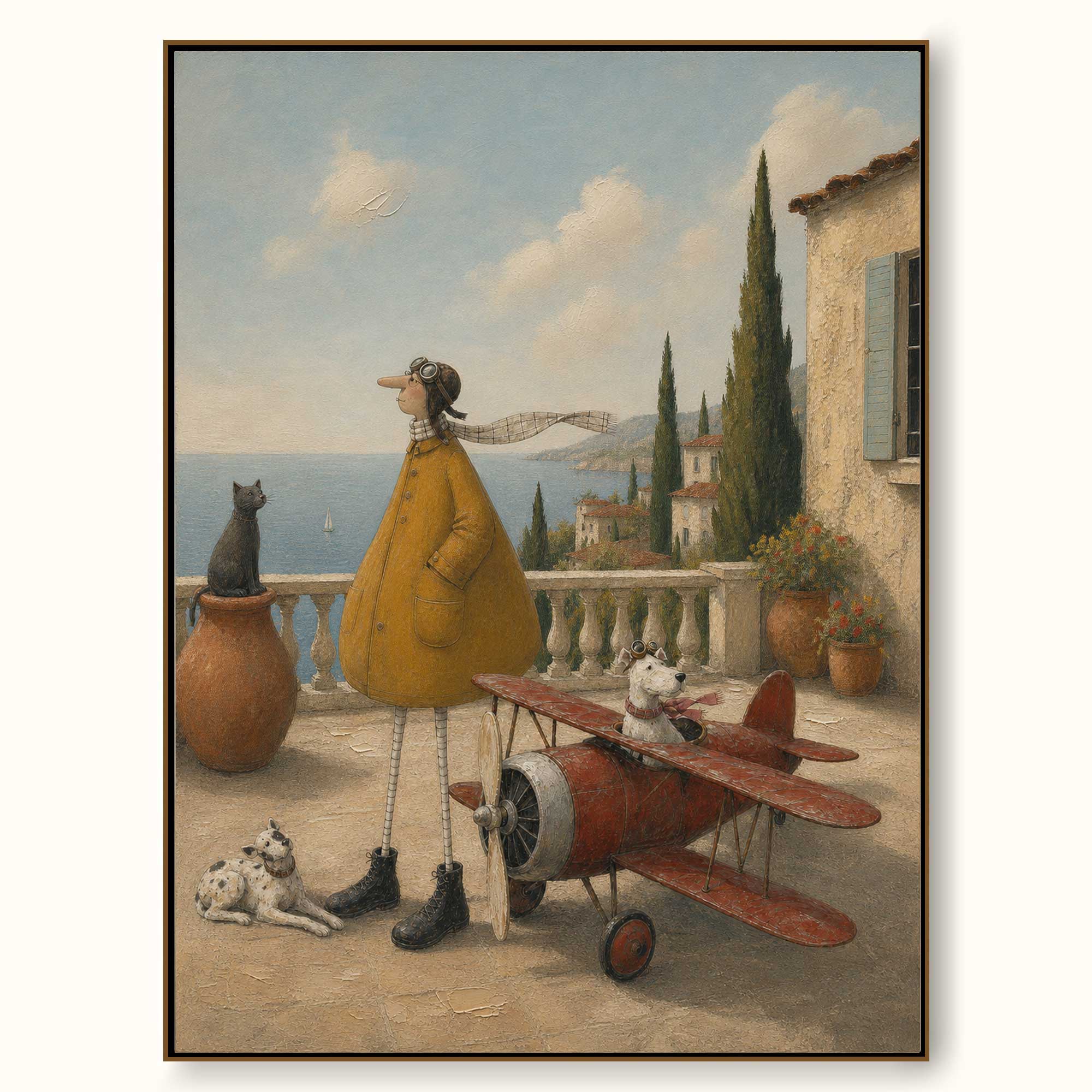 Original Handmade Large Mediterranean Coastal Airplane Pet Oil Painting