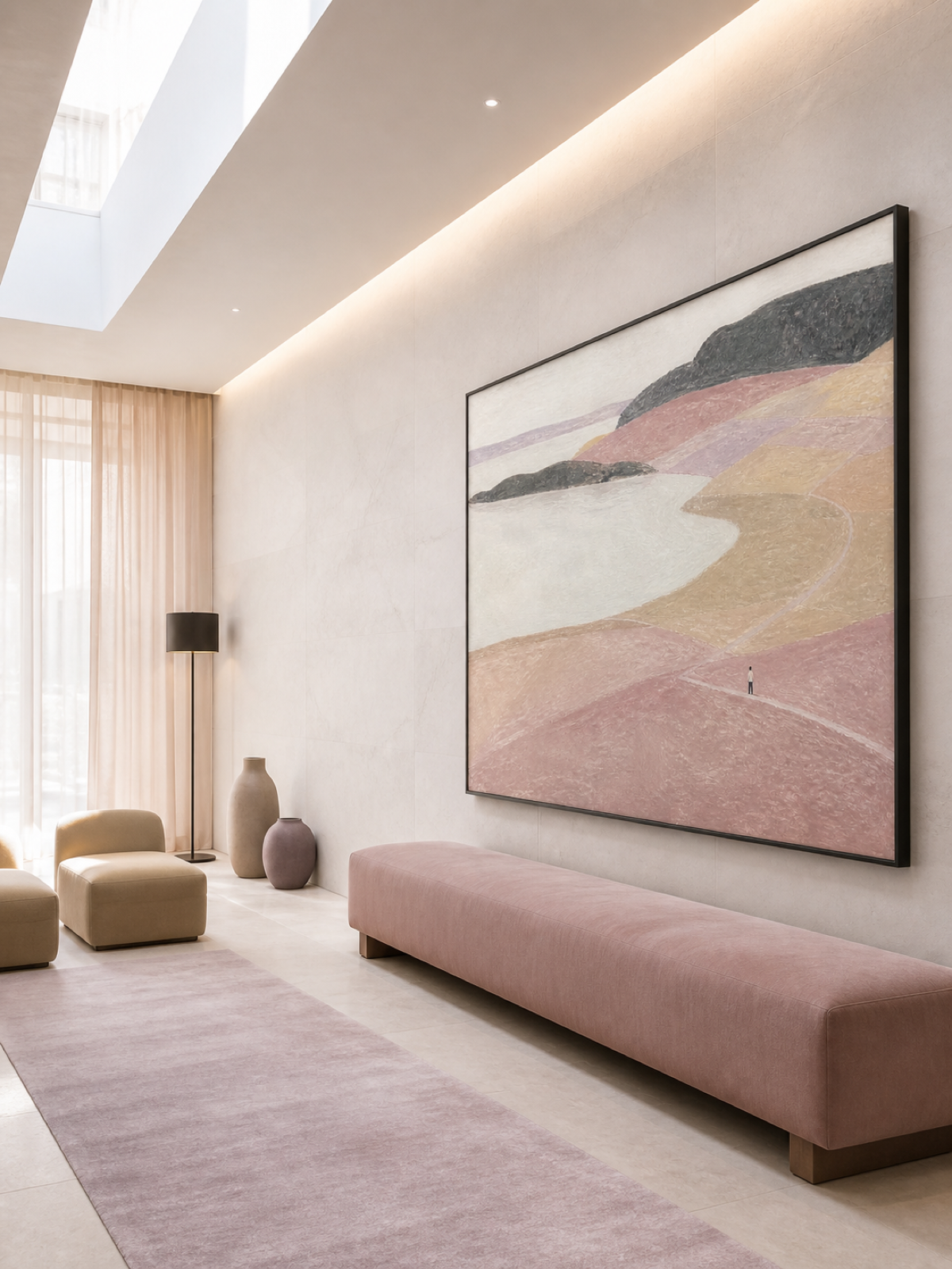 Contemporary Pink And Beige Abstract Bay With A Winding Path Wall Decor