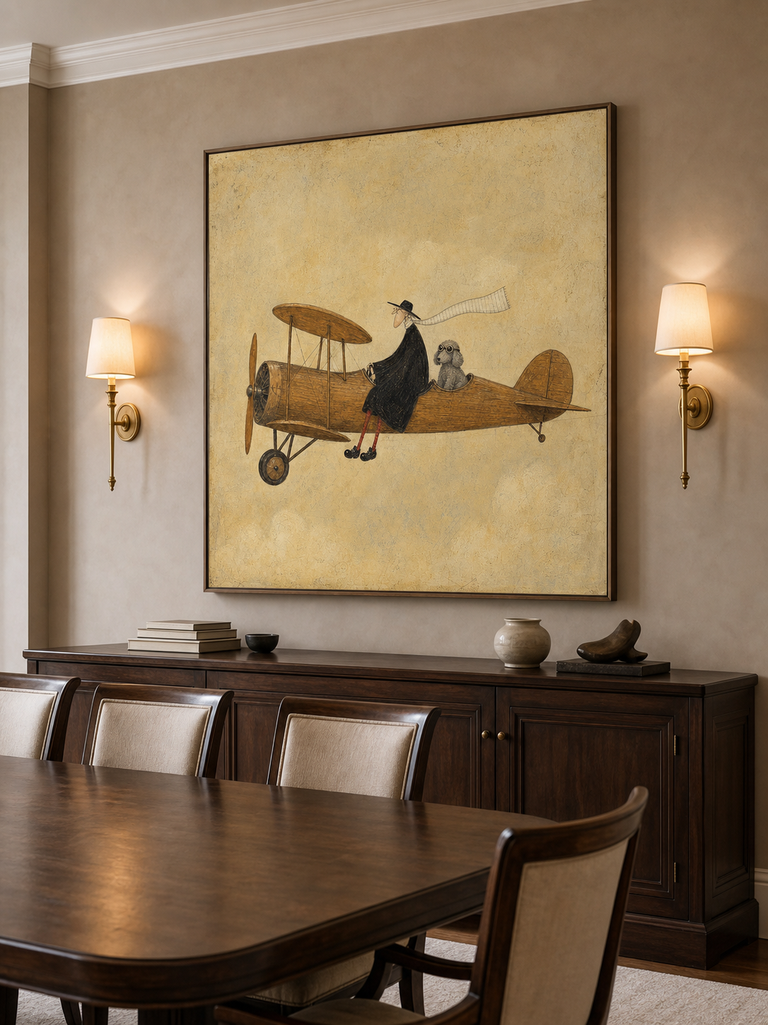 Whimsical Pilot And Dog Aviation Painting Vintage Style Art For Home Decor