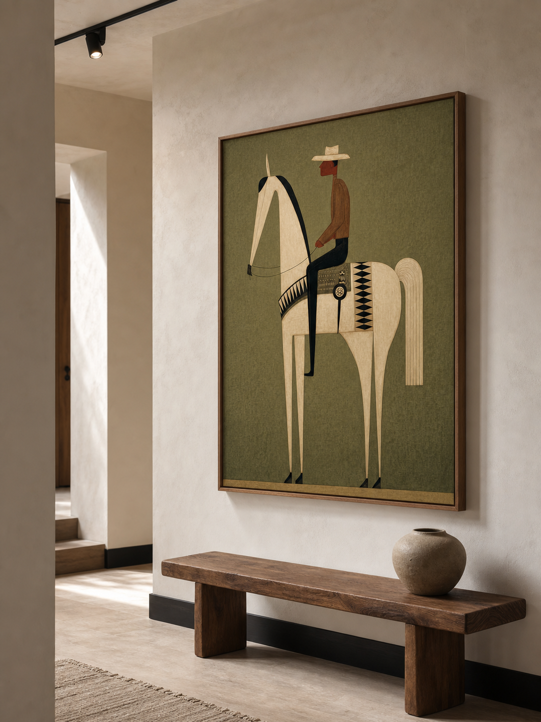 Vintage Minimalist Horse And Rider Painting With Earthy Green Tones For Modern Home Decor