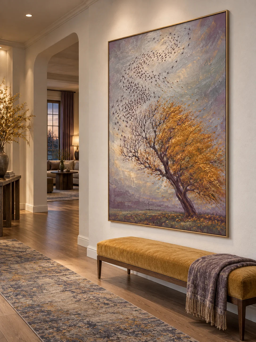 Vintage Golden Autumn Tree Painting Large Textured Bird And Nature Landscape Artwork