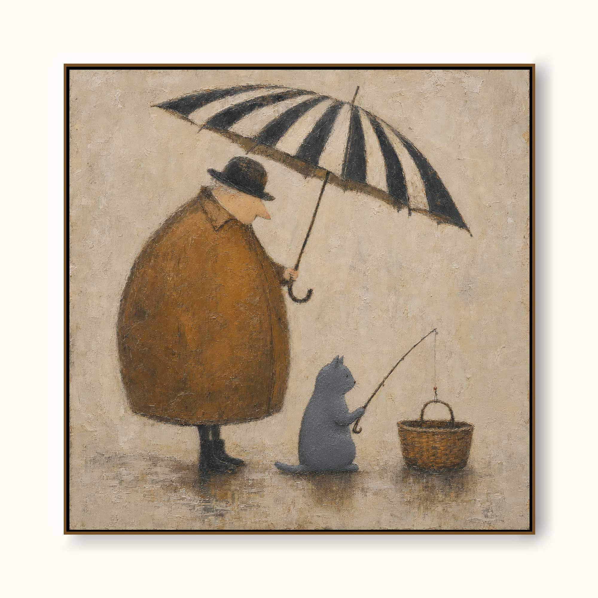 Whimsical Cat And Man Painting With Umbrella For Cozy Home Decor