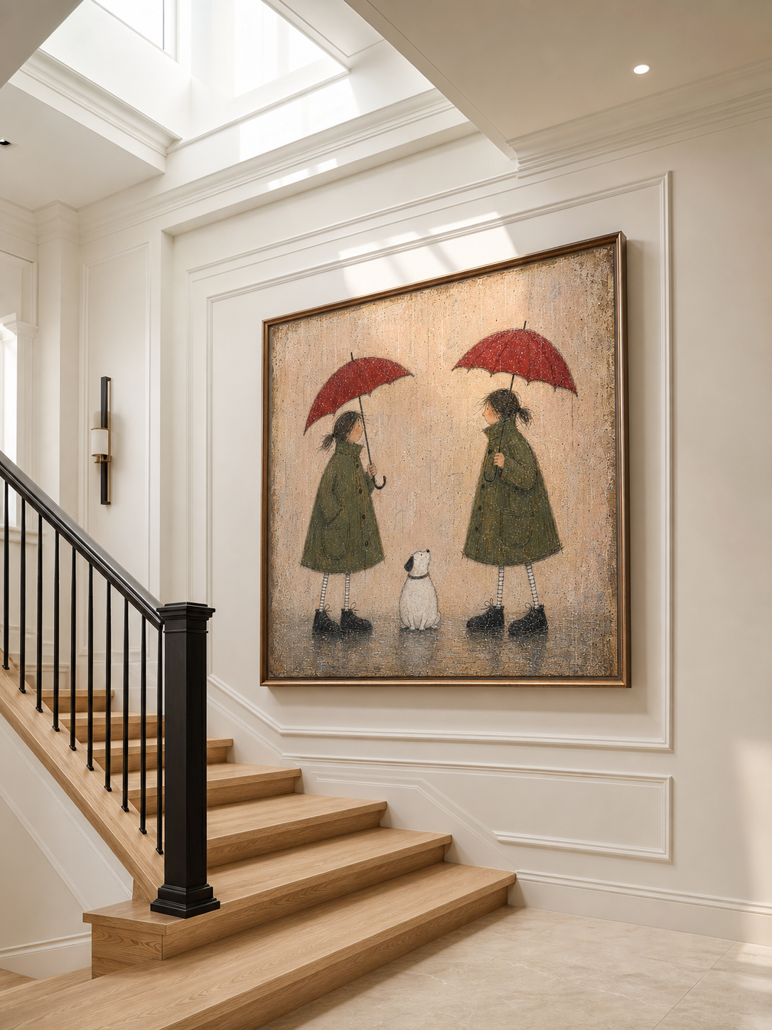 Vintage Rainy Day Art With Dog And Children In Retro Coats For Cozy Home Decor
