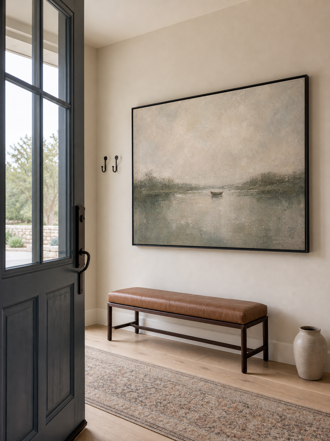Original Neutral Landscape Oil Painting Framed Vintage Boat Scene