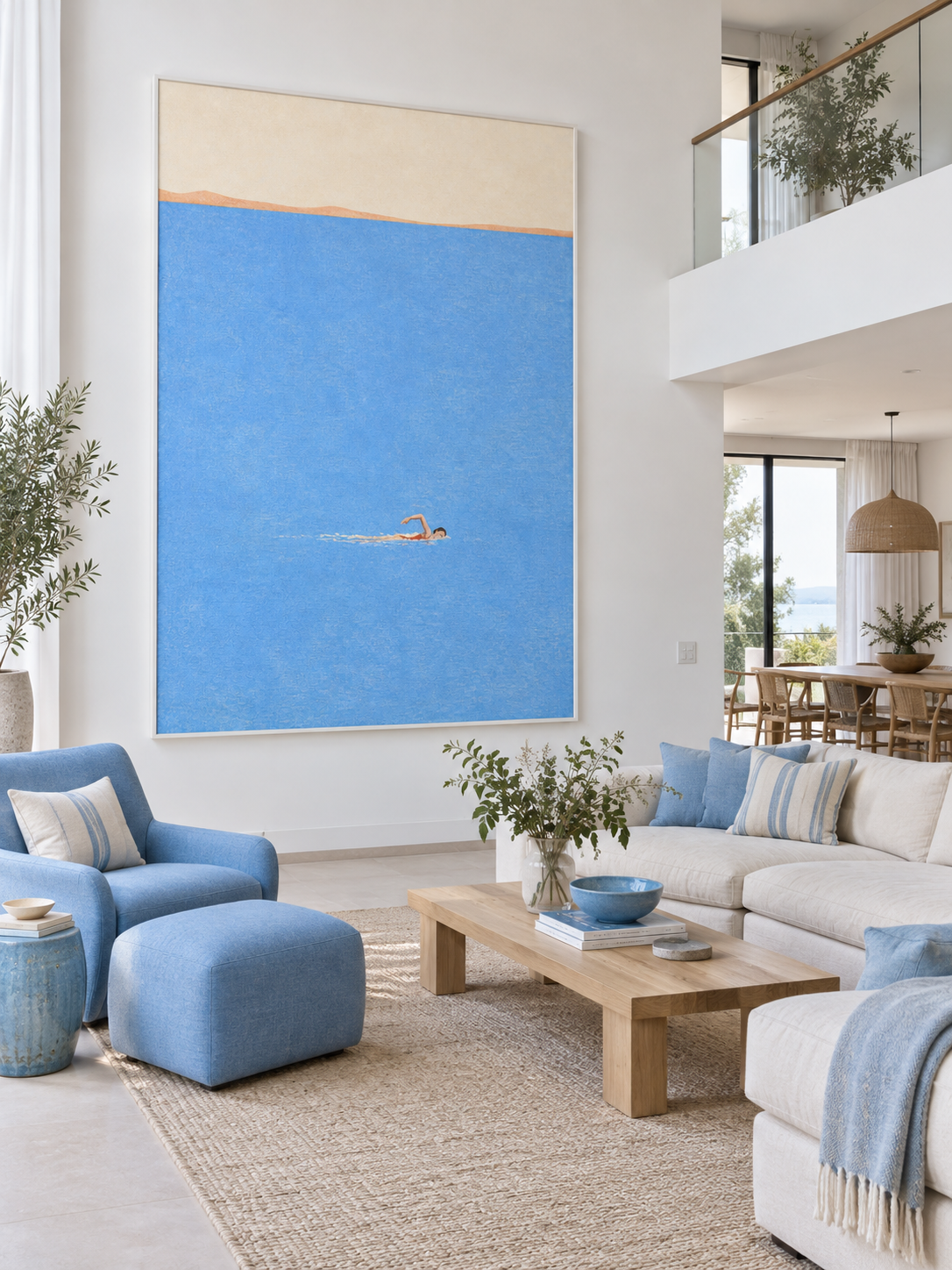 Swimmer In Endless Blue Sea Hand-Painted Canvas Wall Art