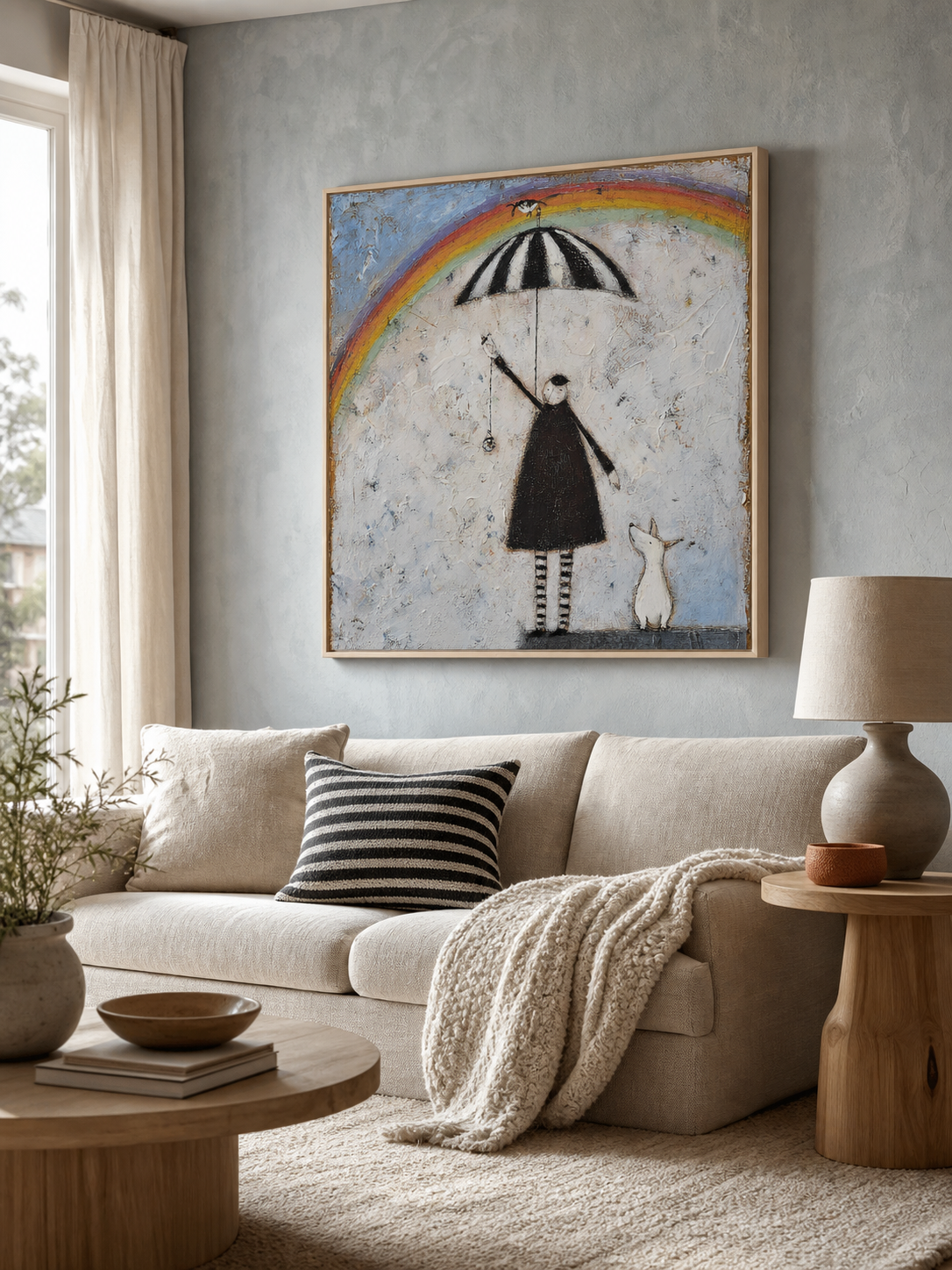 Vintage Figure With Rainbow And Dog Original Oil Painting On Textured White Canvas For Modern Home