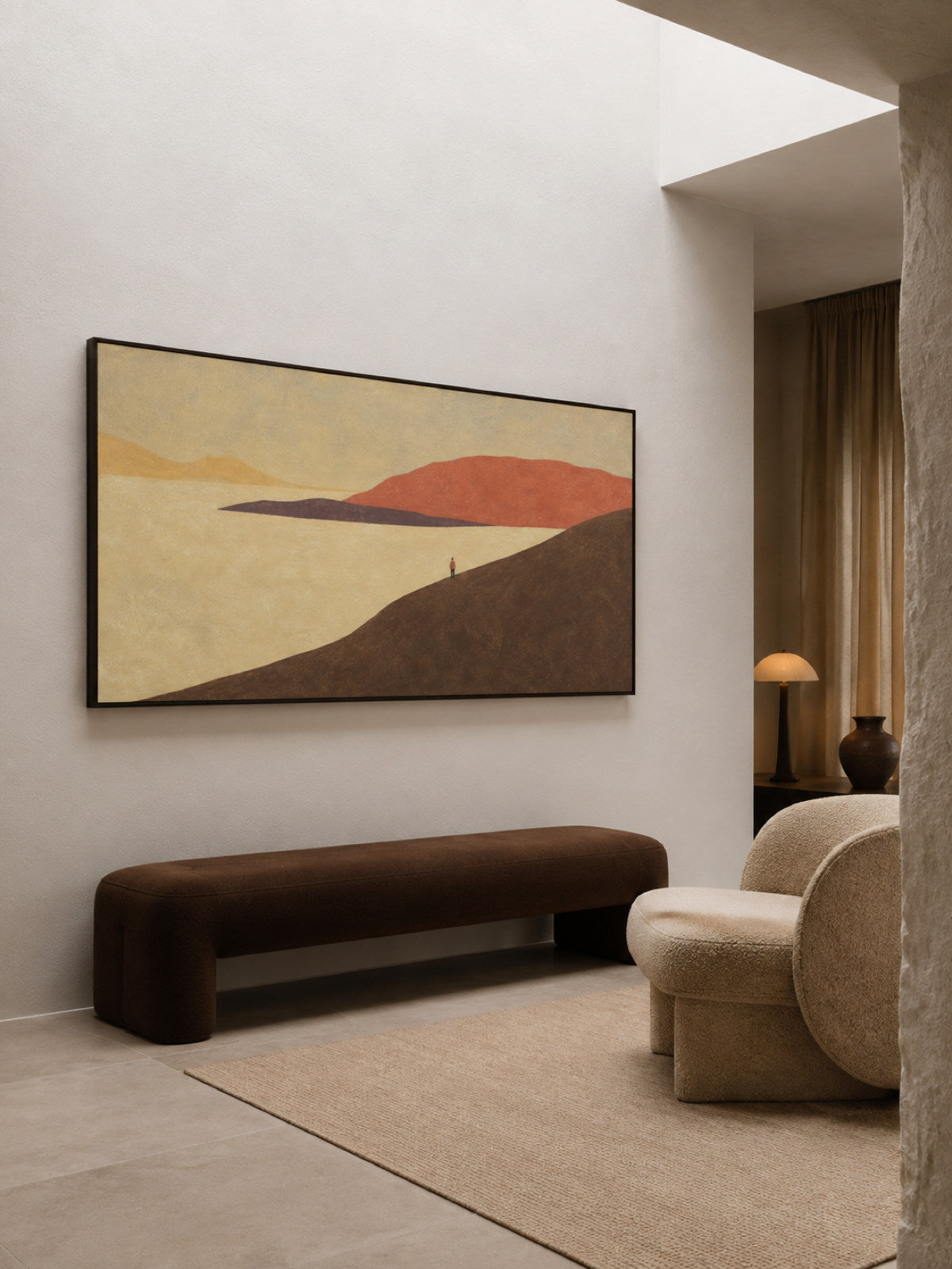 Hand-Painted Rust Red Lake Landscape Canvas Wall Art With Small Lone Figure