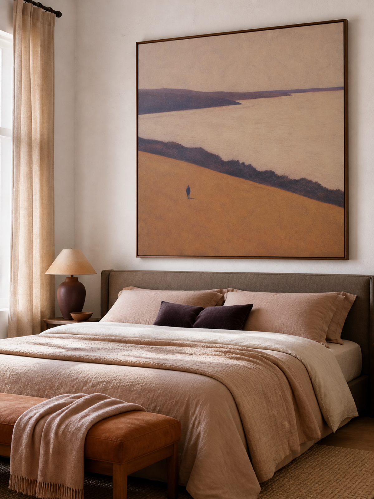 Large Warm Neutral Coastal Landscape With A Lone Traveler Framed Painting