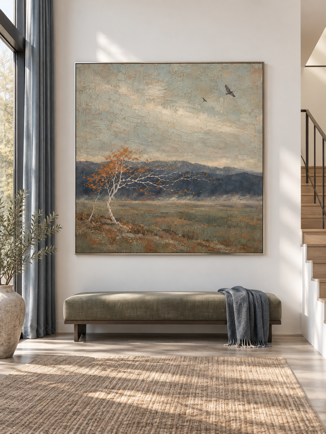 Neutral Windswept Tree And Birds Canvas Art For Quiet Modern Bedroom Decor