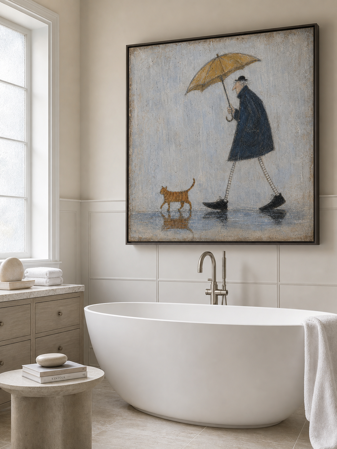 Vintage Cat And Man Painting With Umbrella In Rain For Cozy Home Decor