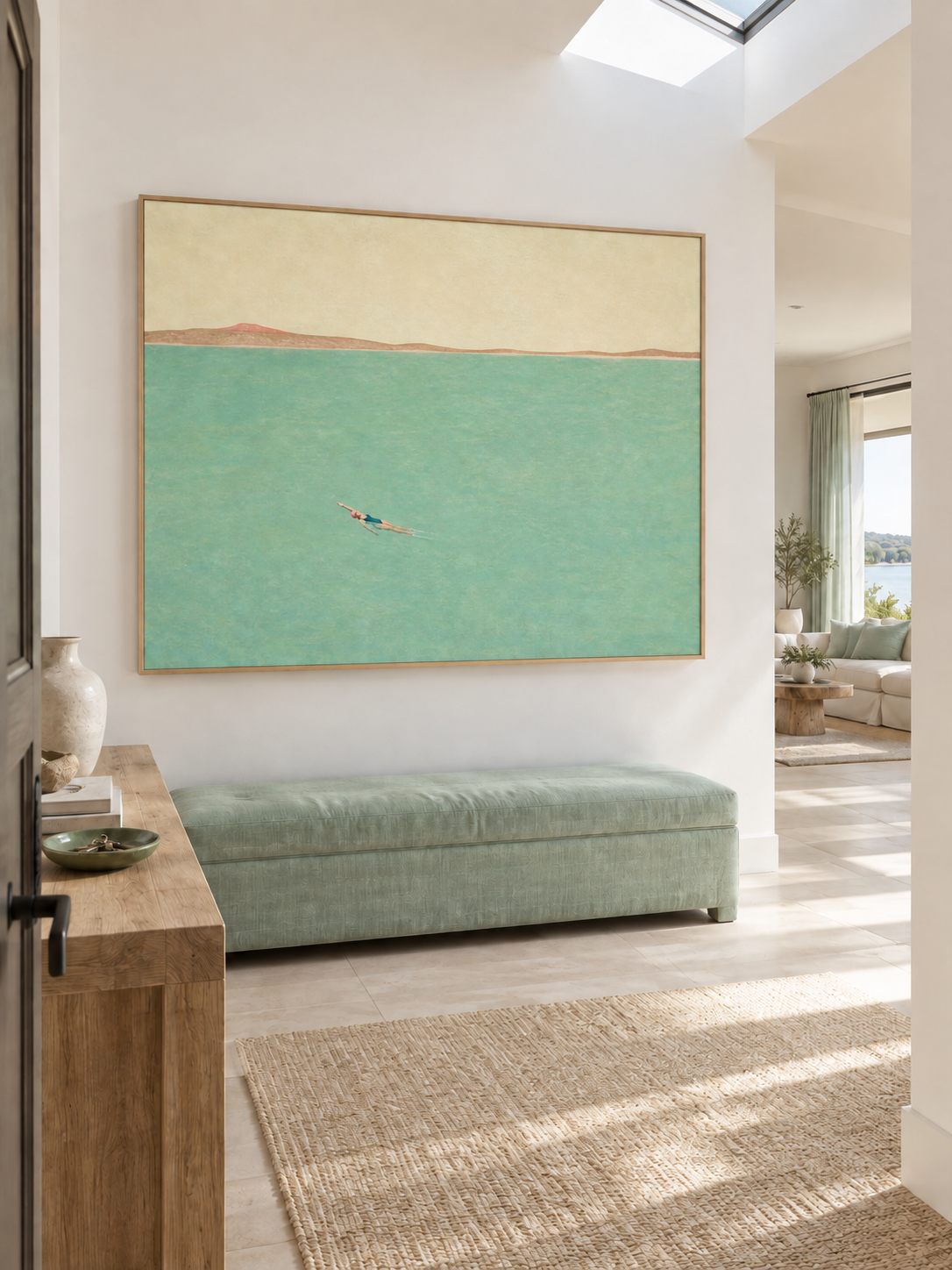 Solo Swimmer In Teal Sea Hand-Painted Canvas Wall Art For Bedroom Decor