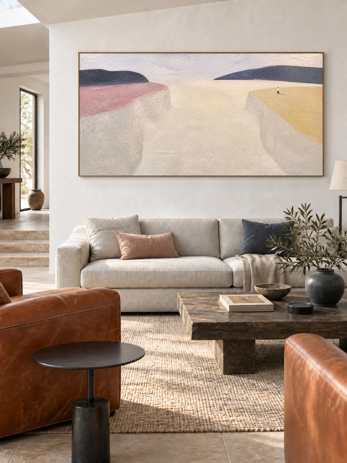 Minimalist Beige Canyon Canvas Art With Lone Figure For Living Room Decor