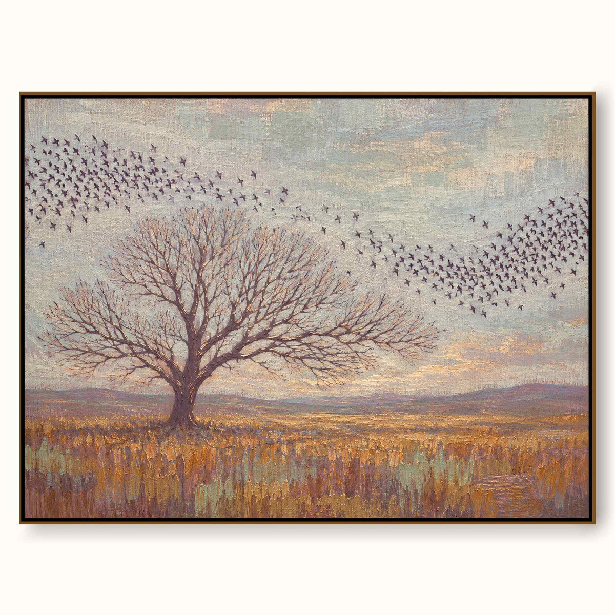 Minimalist Lone Tree Painting Large Muted Gold And Blue Nature Landscape Artwork