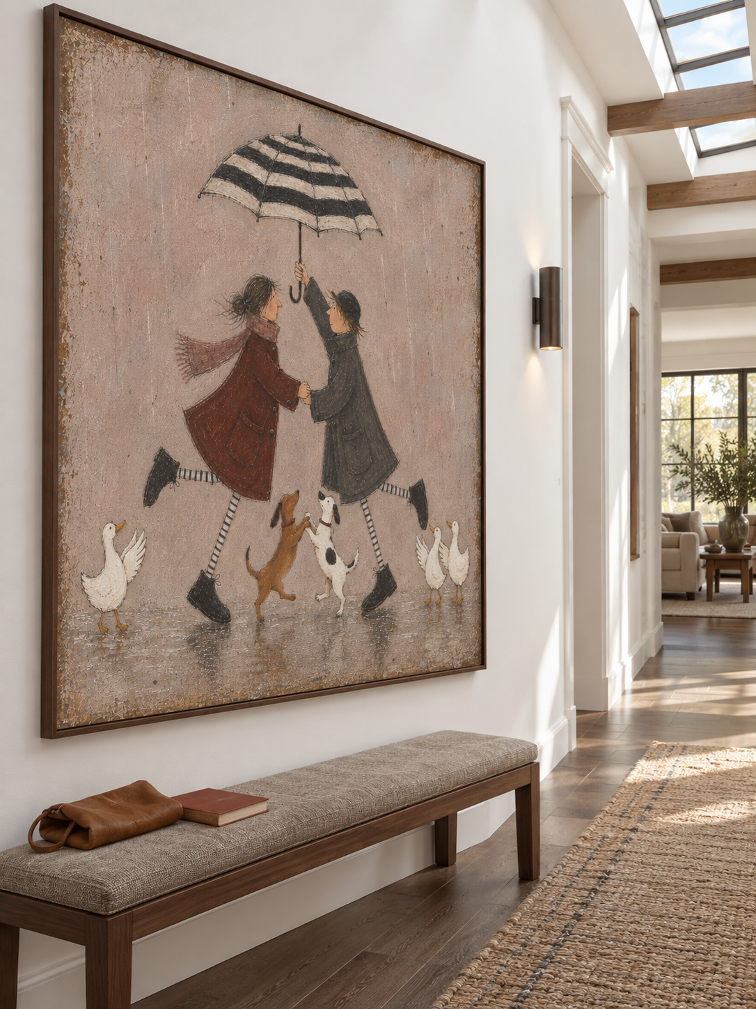 Romantic Couple Dancing In Rain With Dogs Hand-Painted Canvas Wall Art