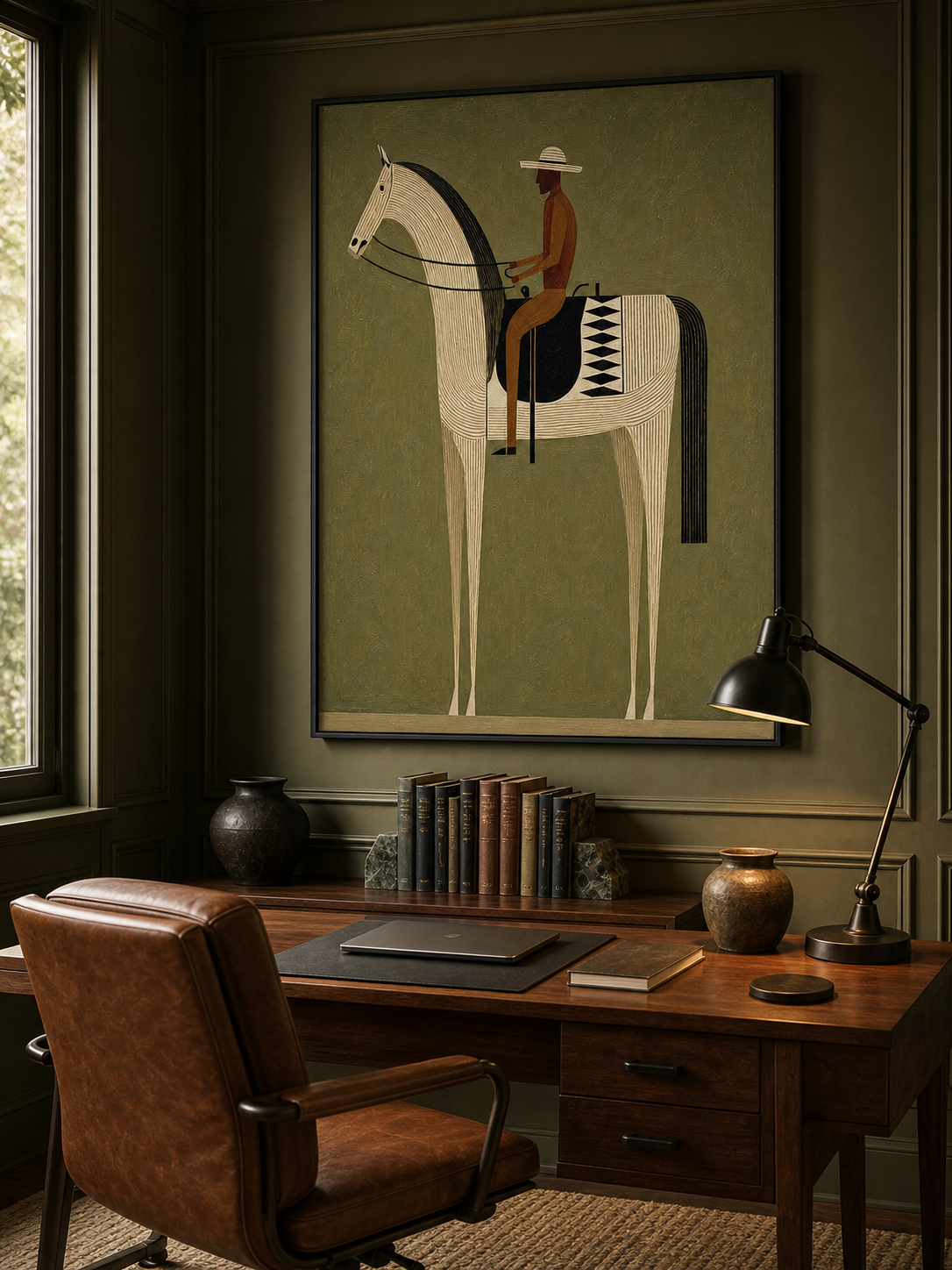 Retro Minimalist Horse And Rider Painting With Earthy Tones For Modern Home Decor