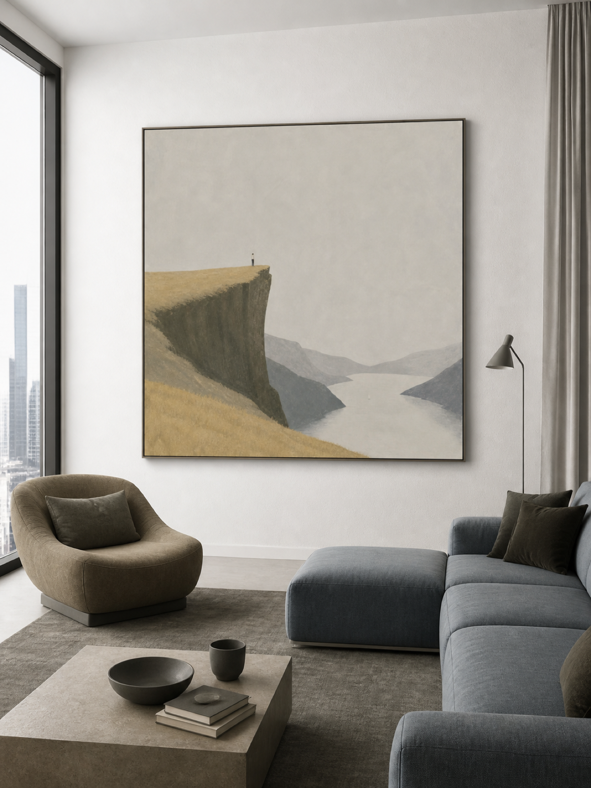 Large Hand Painted Fjord Landscape Oil Painting Tiny Figure Art For Bedroom