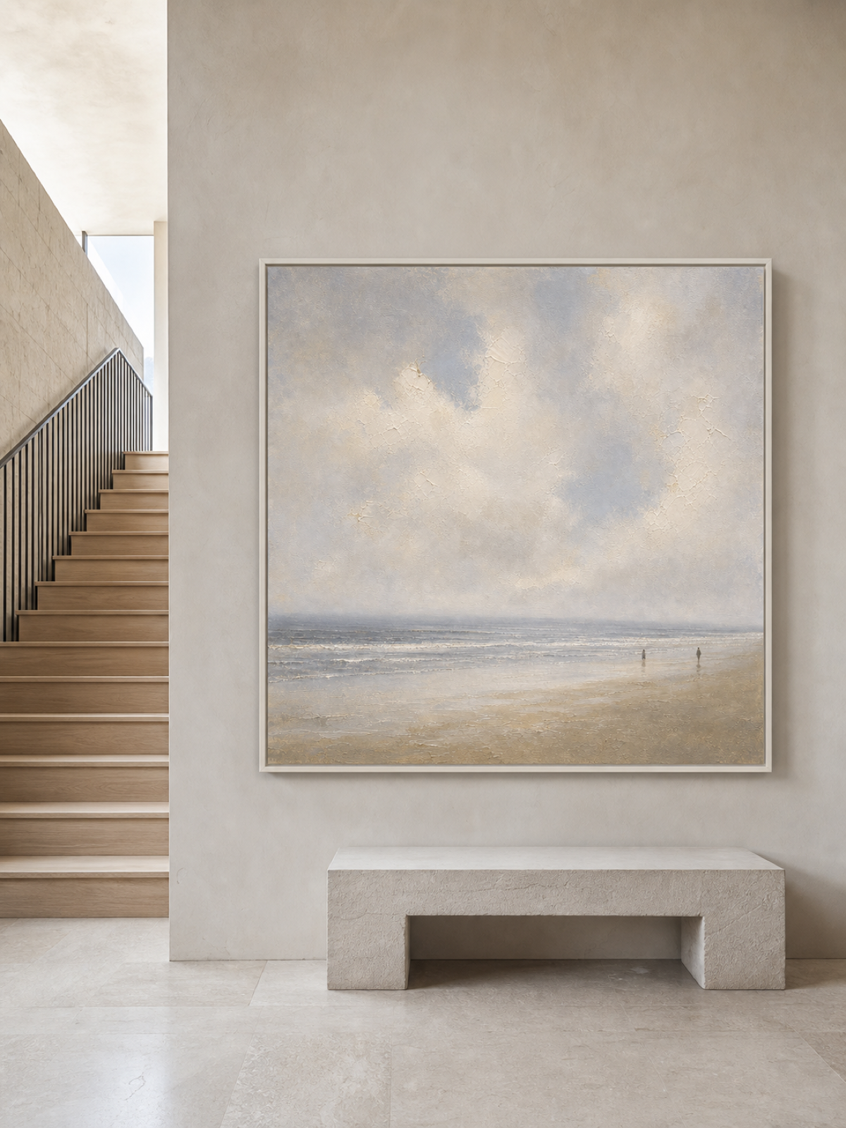 Handmade Neutral Ocean View Canvas Art Minimalist Coast Oil Painting