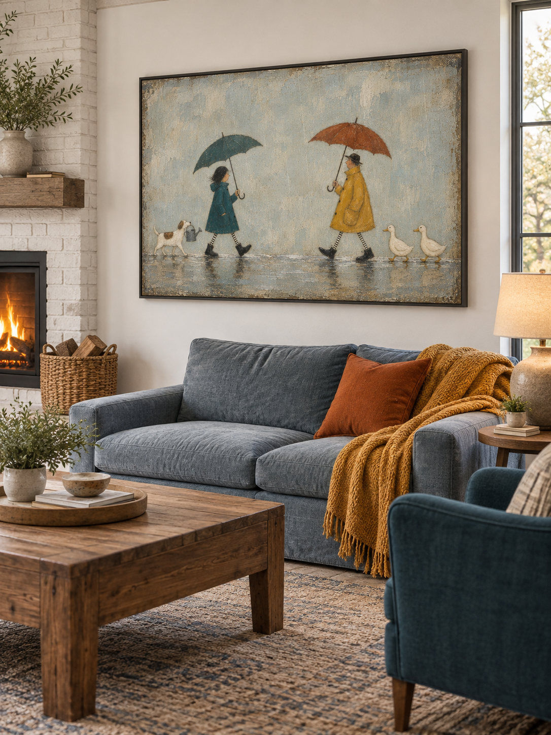 Whimsical Couple With Umbrellas Dogs And Ducks Hand Painted Wall Art