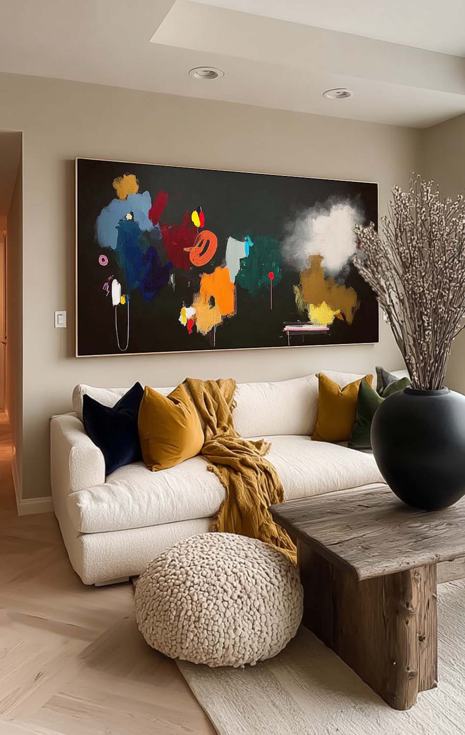 Large Horizontal Abstract Oil Painting With Vibrant Colors For Modern Living Room