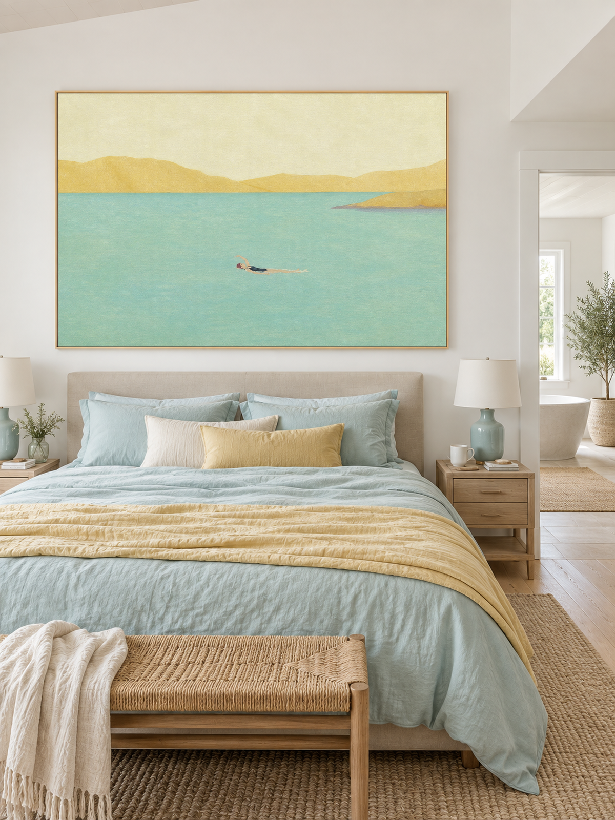 Solitary Swimmer In Turquoise Bay Hand-Painted Canvas Art With Golden Mountains