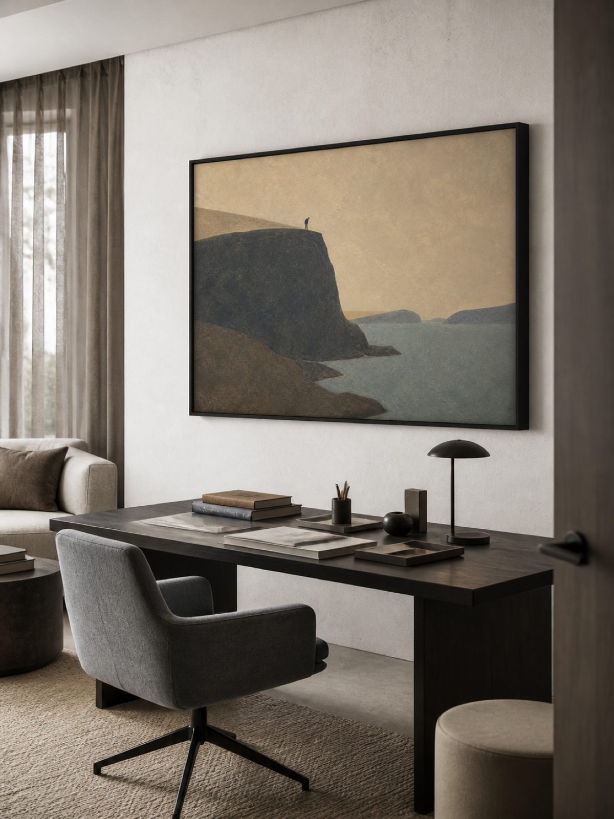 Minimalist Cliff Traveler Painting Hand-Painted Blue Inlet Wall Art