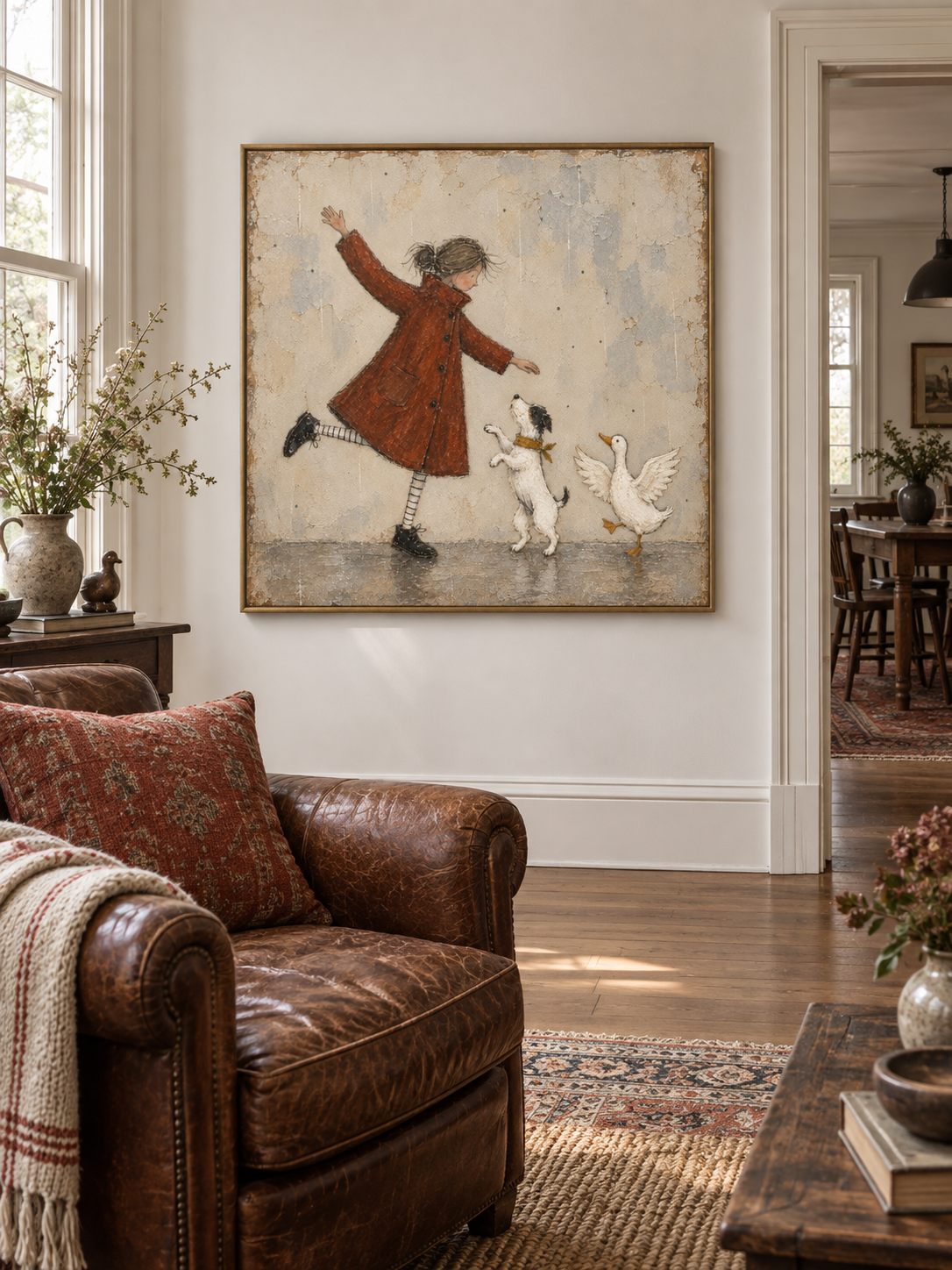 Hand-Painted Dancing Girl Canvas Art With Dog And Duck For Kids Room Decor