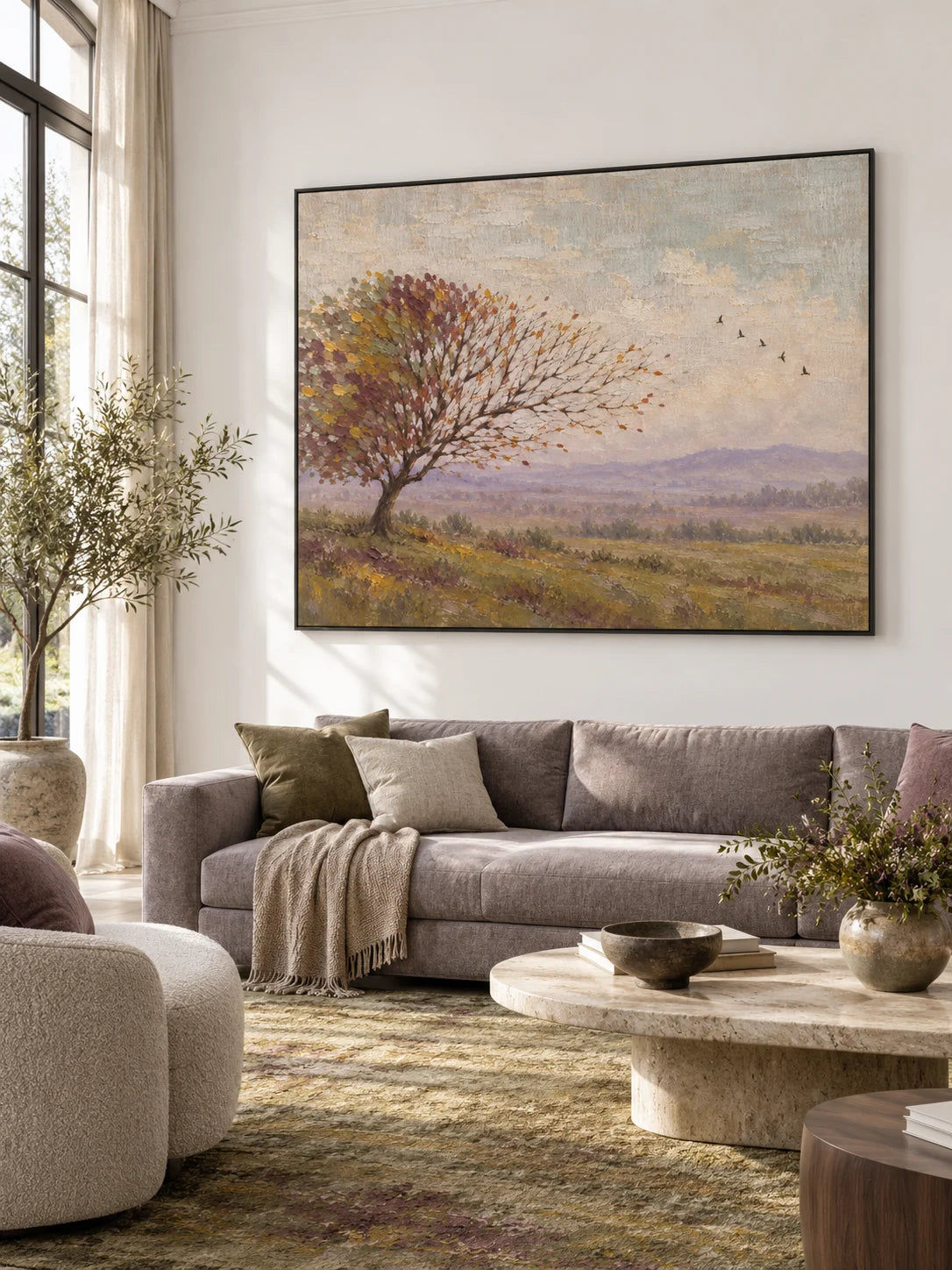 Minimalist Rural Landscape Wall Art Hand Painted Autumn Tree And Mountain Painting