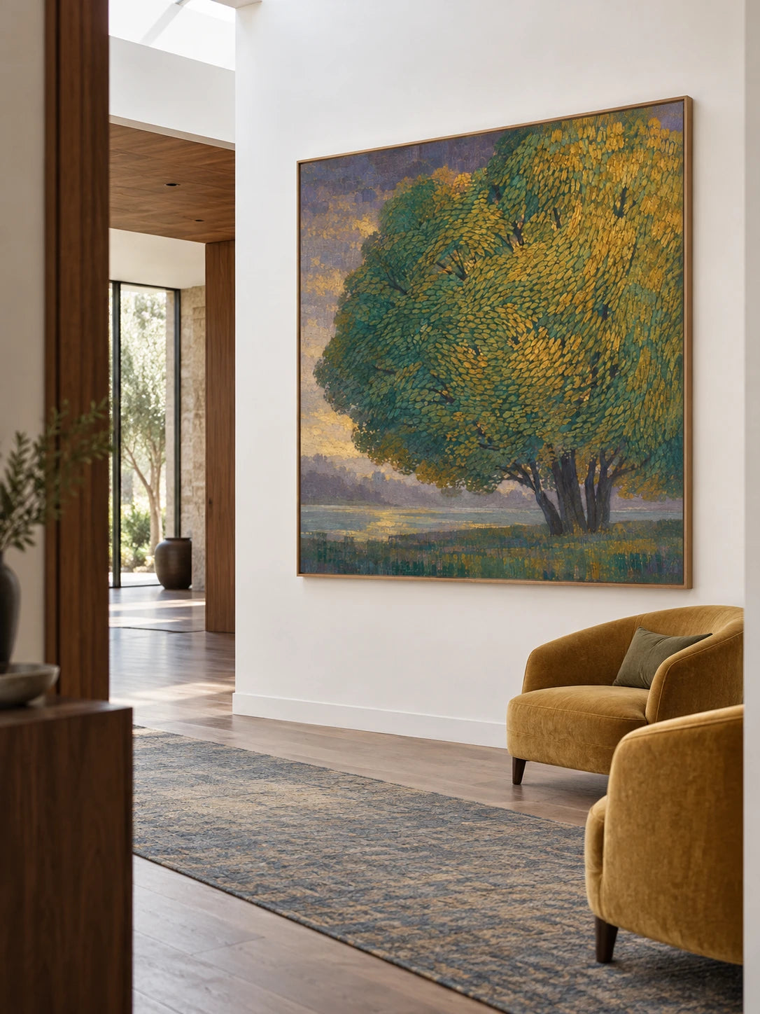 Majestic Tree By Lake Hand-Painted Canvas Art In Gold And Green