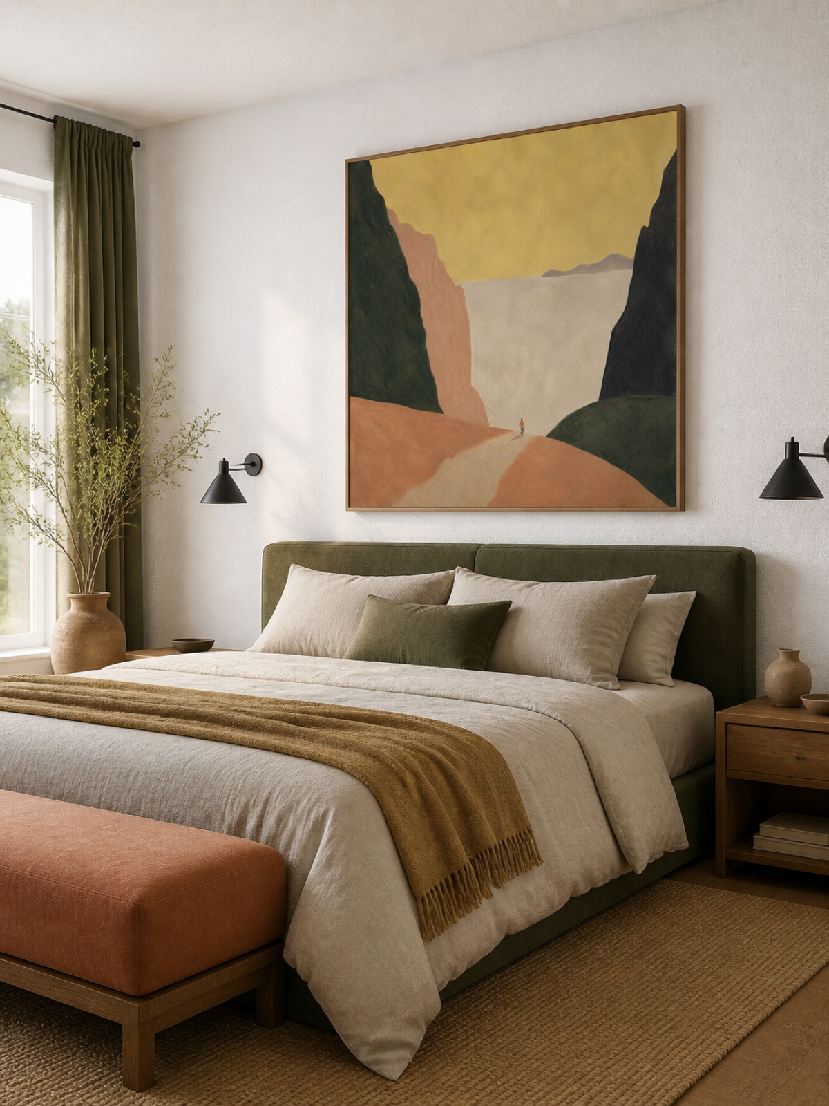 Golden Sky And Dark Green Cliffs With A Lone Wanderer Contemporary Oil Painting