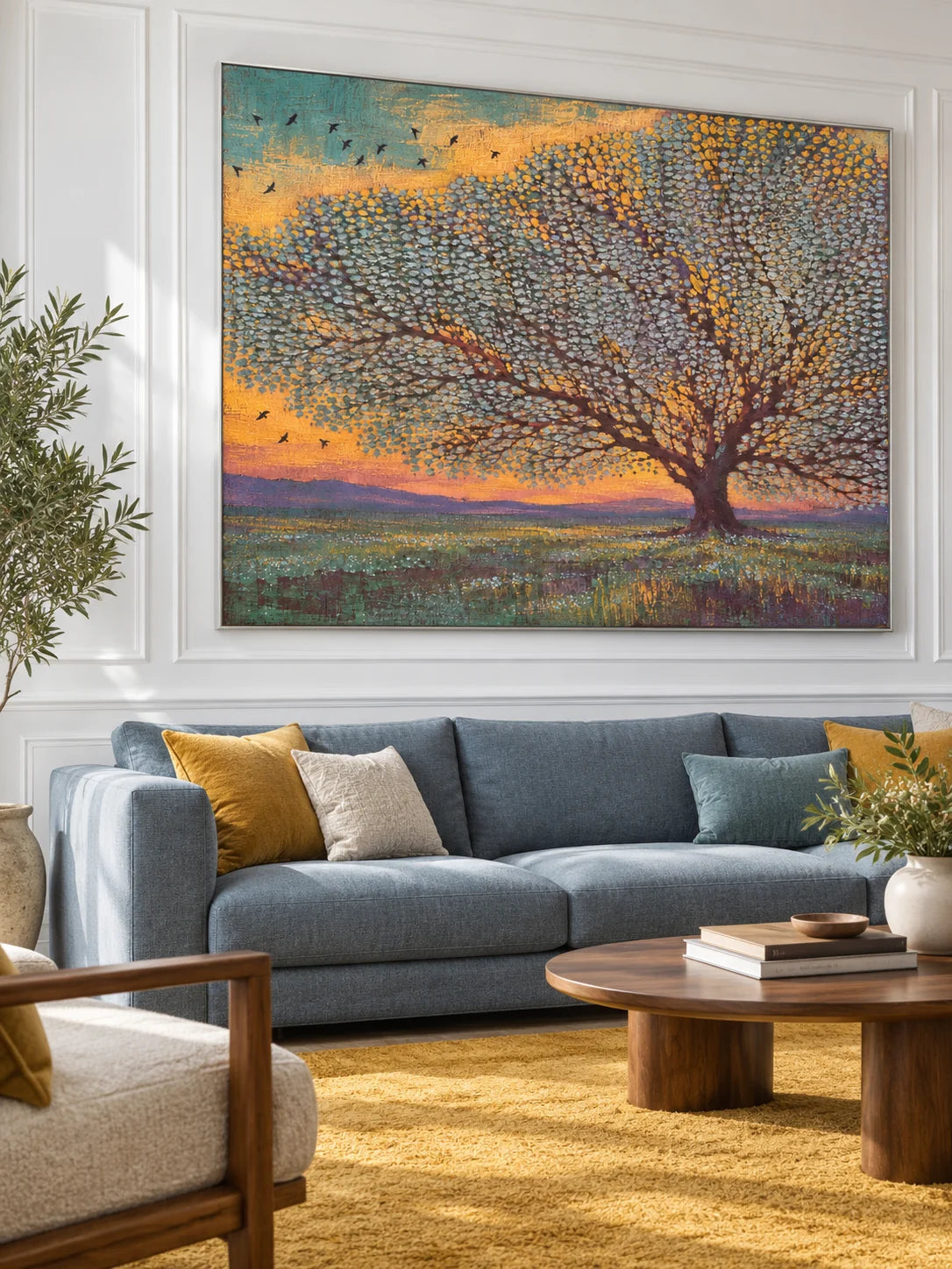 Contemporary Teal And Gold Tree Painting Large Textured Sunset Landscape Artwork