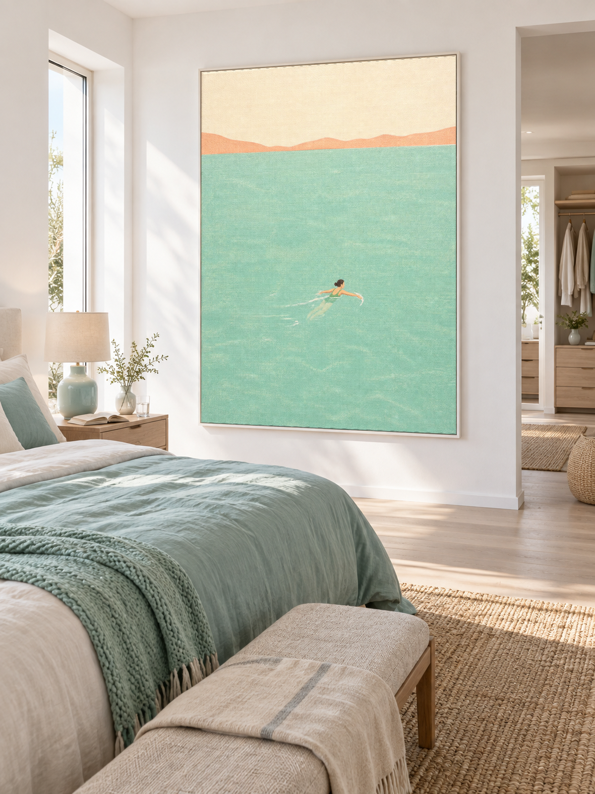 Woman Swimming In Sea Hand-Painted Canvas Wall Art Minimalist Blue