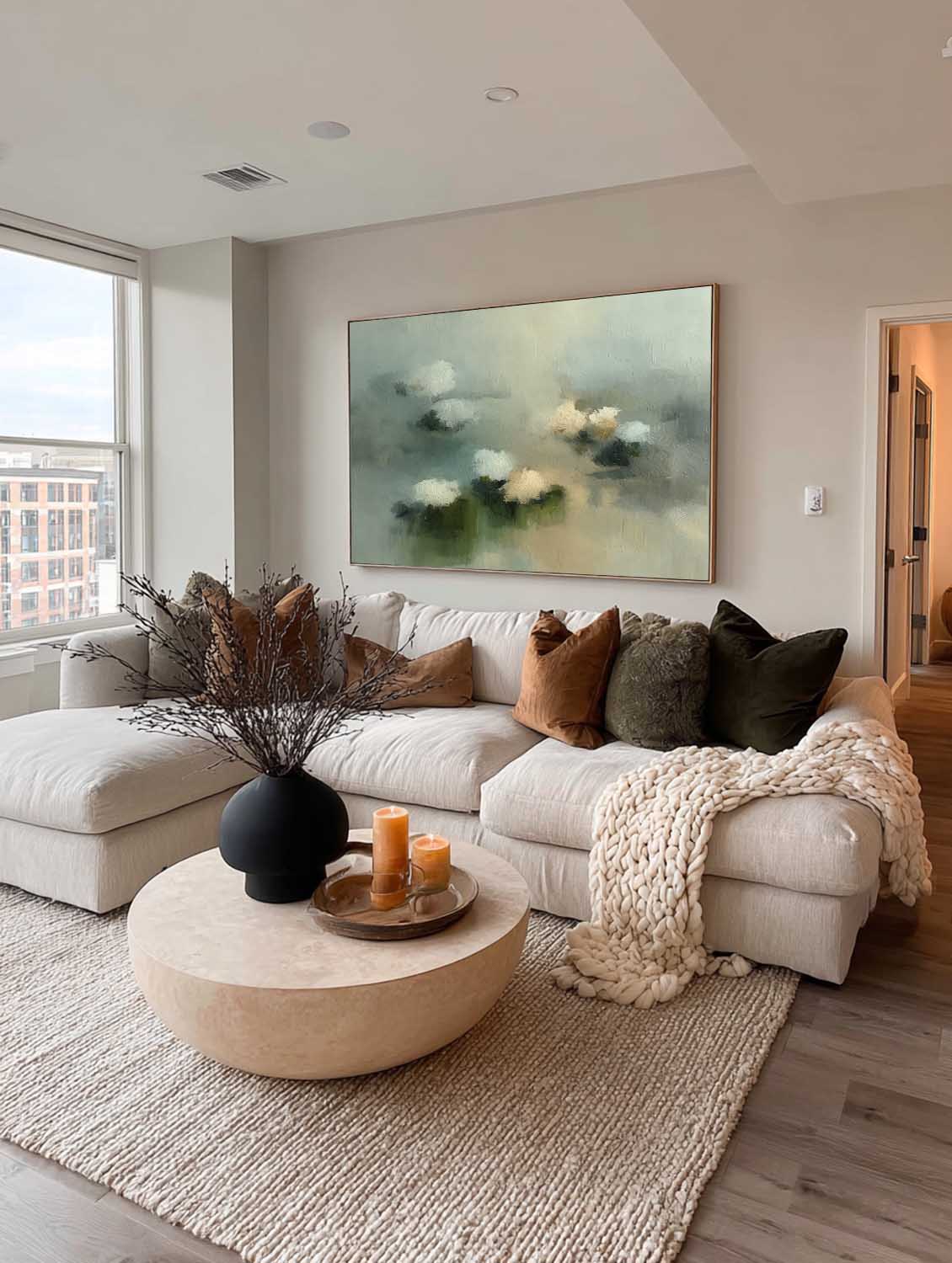 Large Horizontal Abstract Floral Painting In Soft Green And White For Living Room