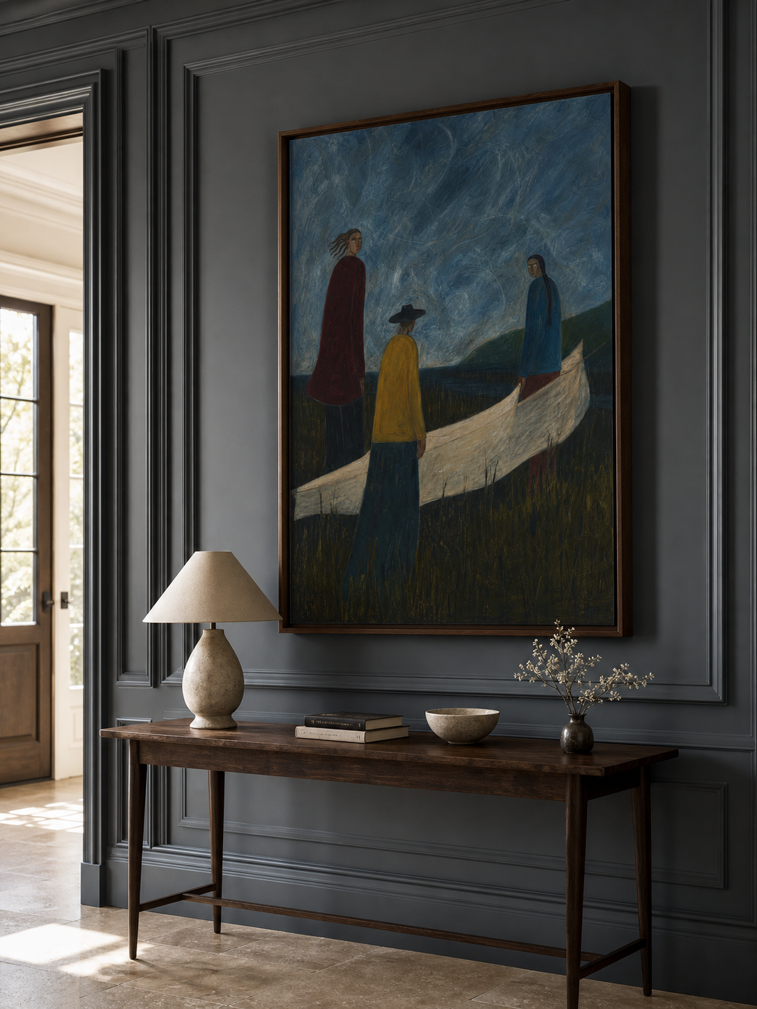 Vintage Folk Art Painting Of People With Boat For Rustic Wall Decor