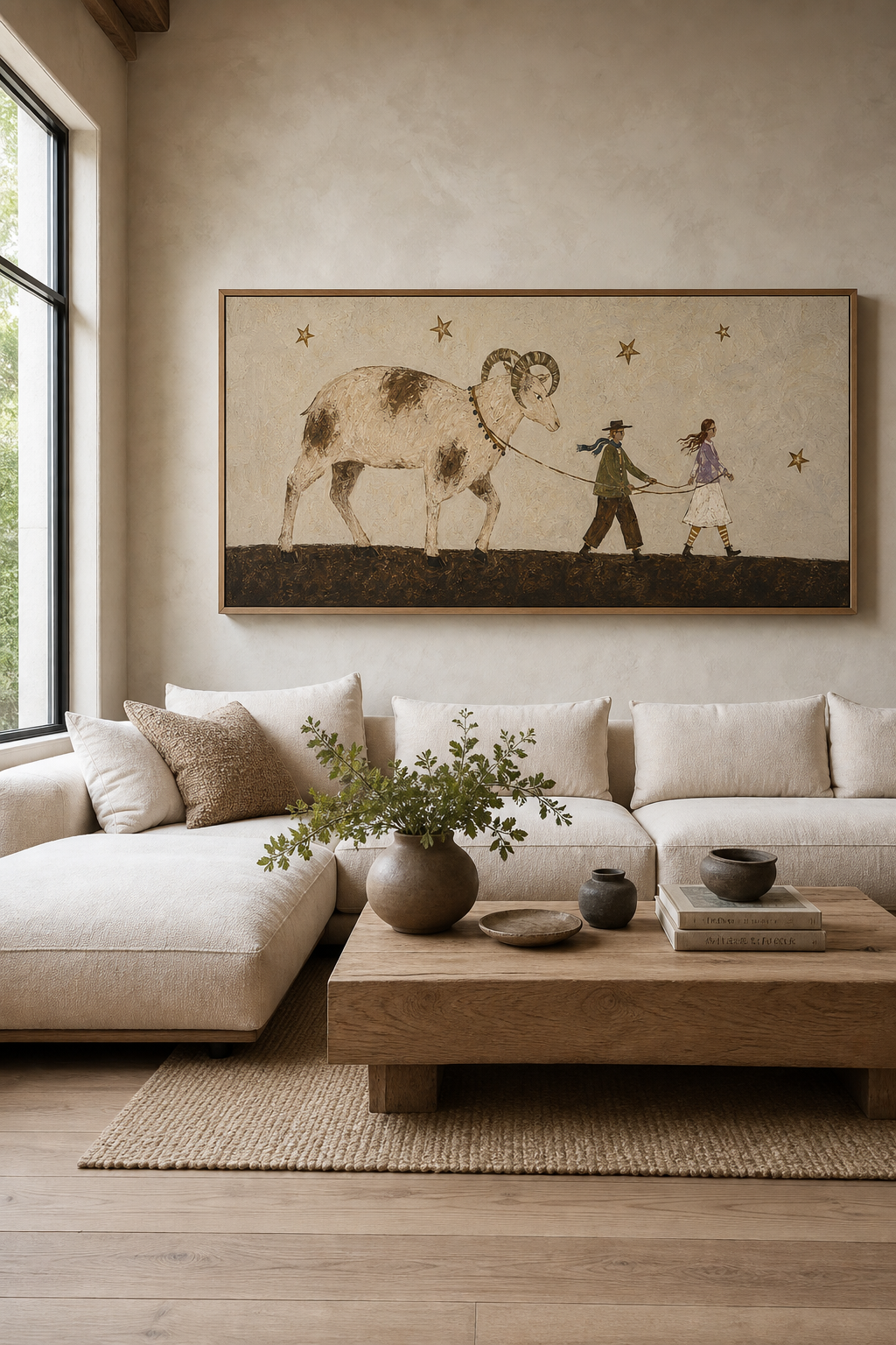 Hand Painted Folk Goat Journey Painting Bohemian Symbolic Wall Art Naive Mythic Story Artwork