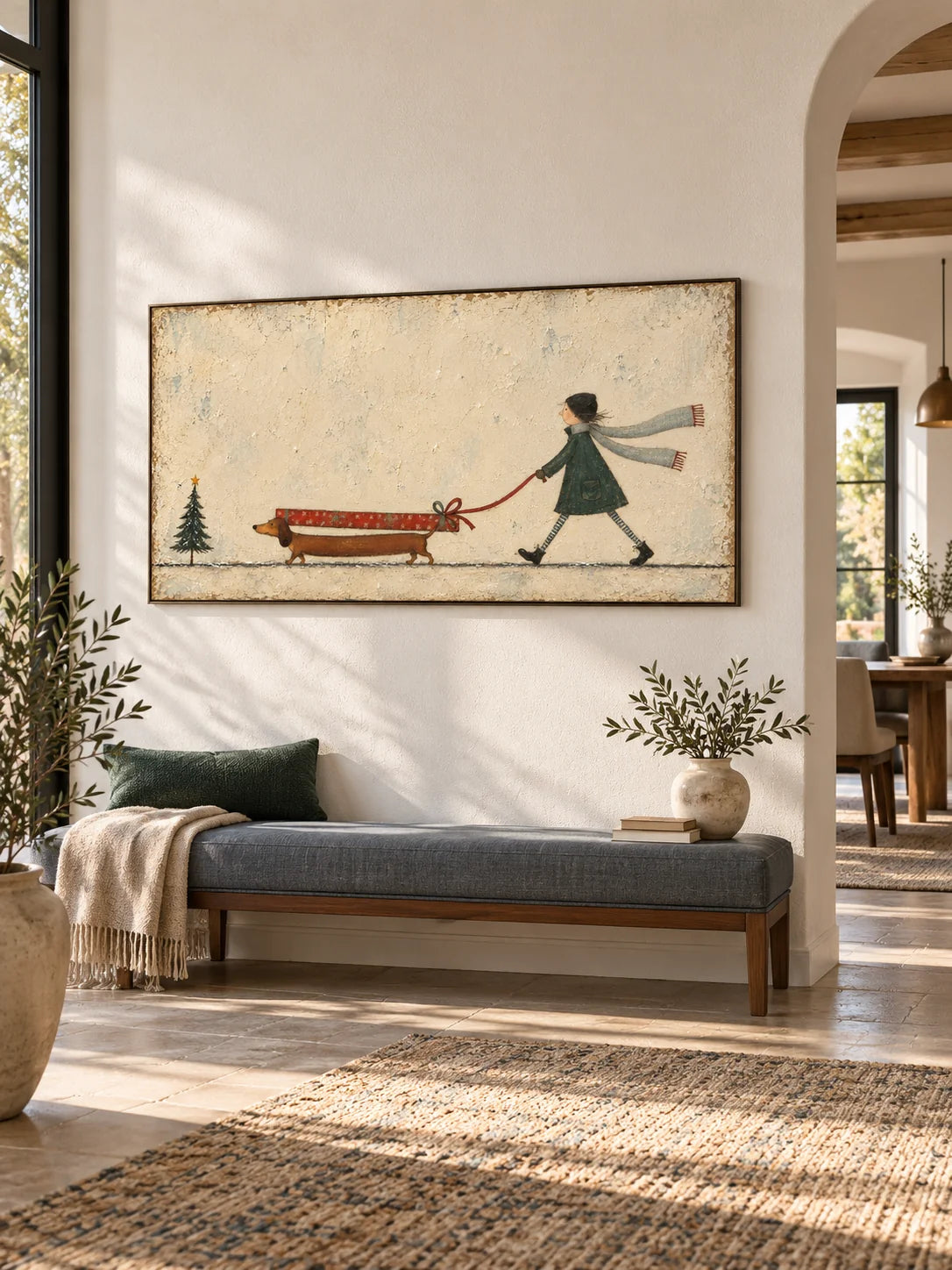 Hand-Painted Dachshund Christmas Art With Girl And Gift Canvas
