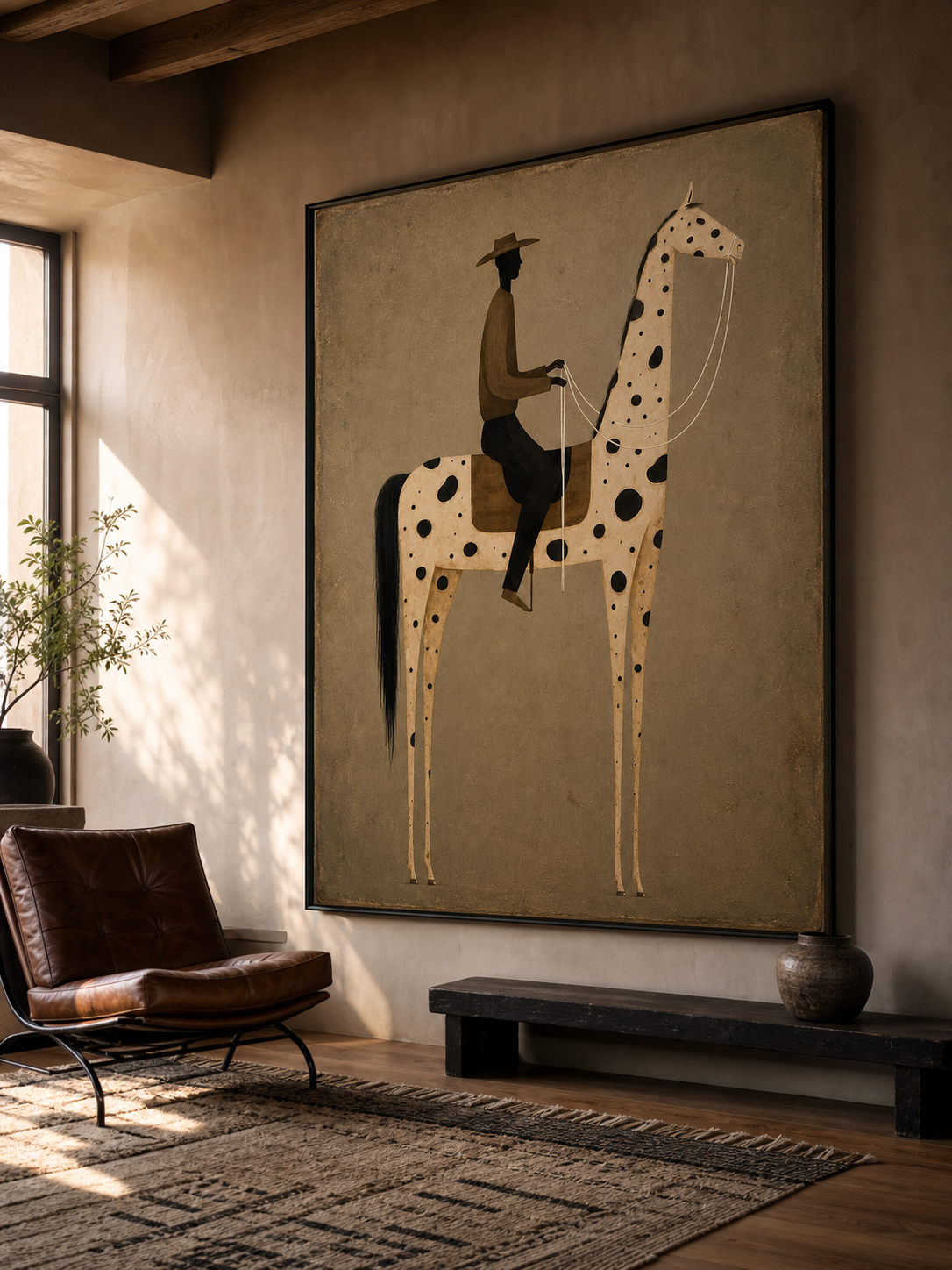 Vintage Equestrian Oil Painting Featuring A Stylized Rider On A Spotted Horse In Earthy Tones